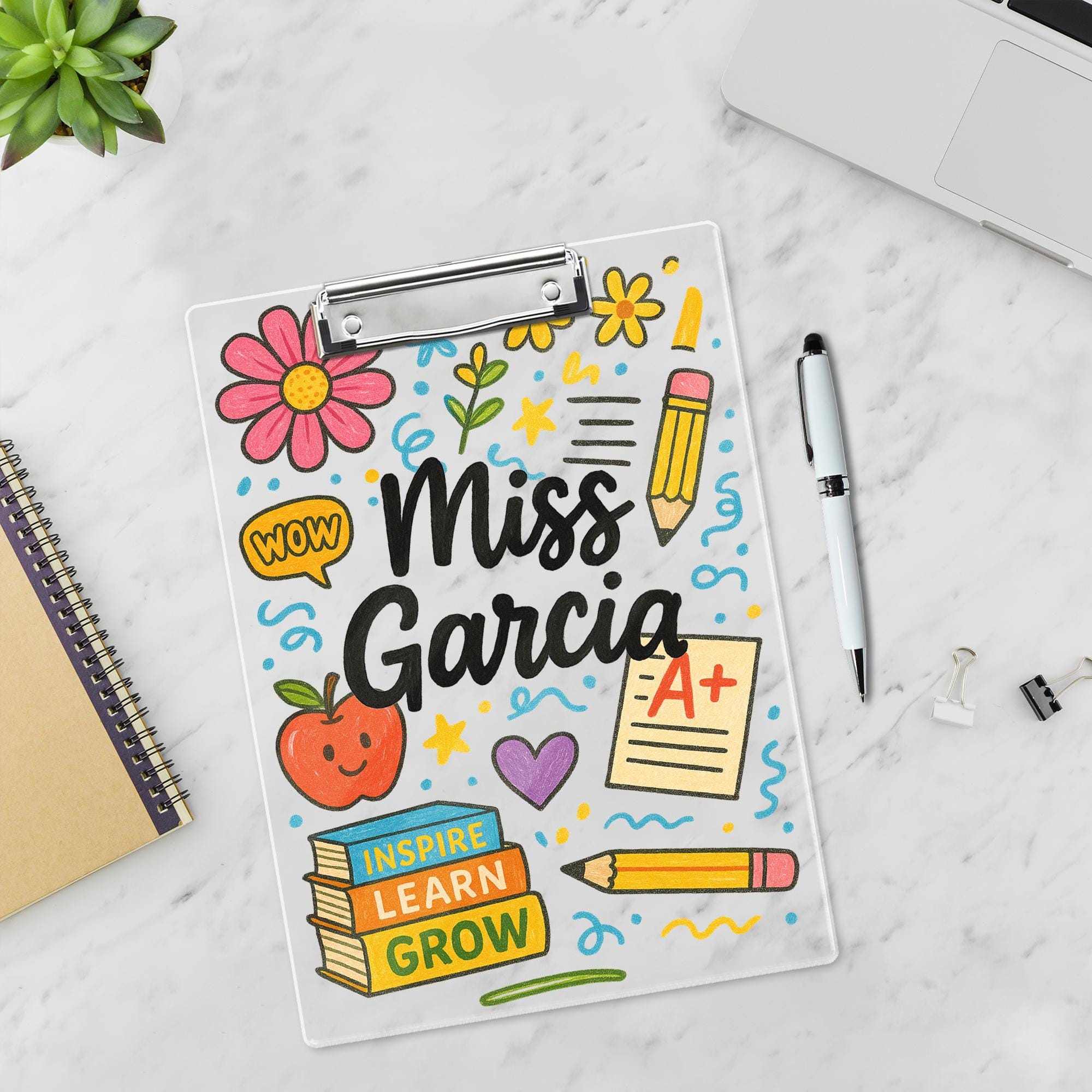 Custom Teacher Clipboard with Name – Cute Personalized Classroom Gift for Miss or Mrs, Inspire Learn Grow Theme for Back to School