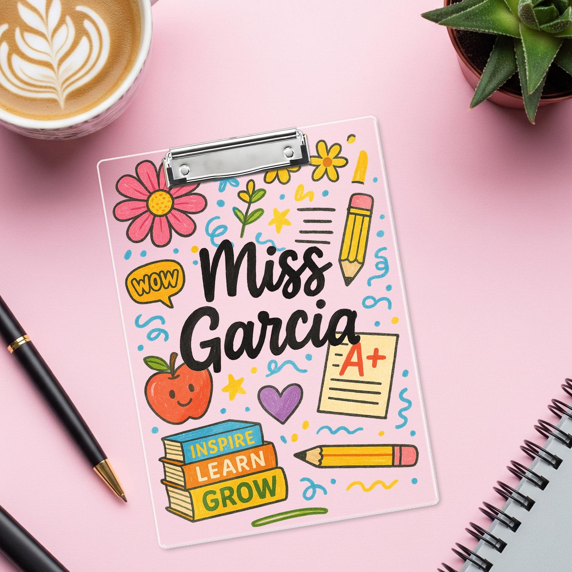 Custom Teacher Clipboard with Name – Cute Personalized Classroom Gift for Miss or Mrs, Inspire Learn Grow Theme for Back to School