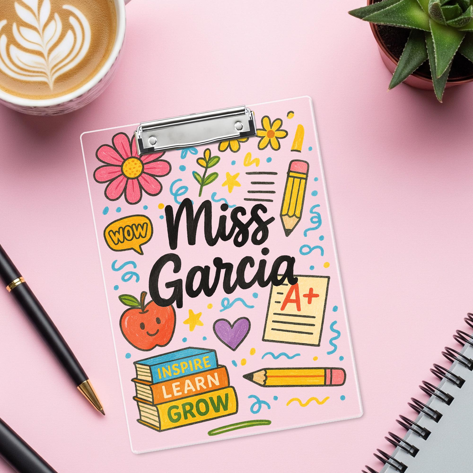 Custom Teacher Clipboard with Name – Cute Personalized Classroom Gift for Miss or Mrs, Inspire Learn Grow Theme for Back to School