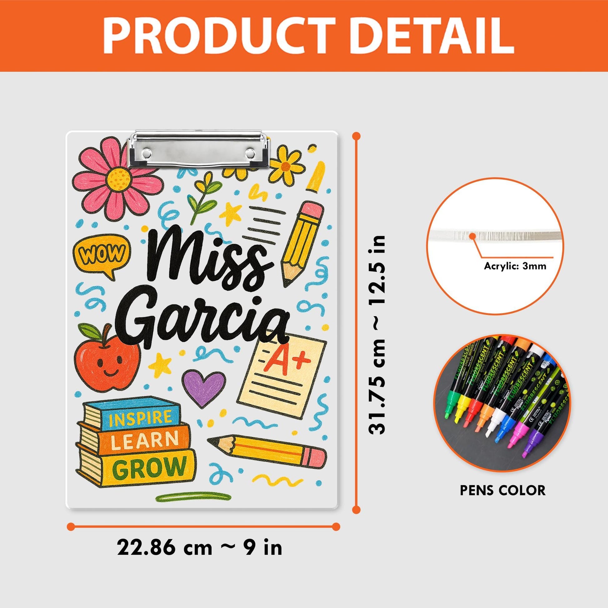 Custom Teacher Clipboard with Name – Cute Personalized Classroom Gift for Miss or Mrs, Inspire Learn Grow Theme for Back to School