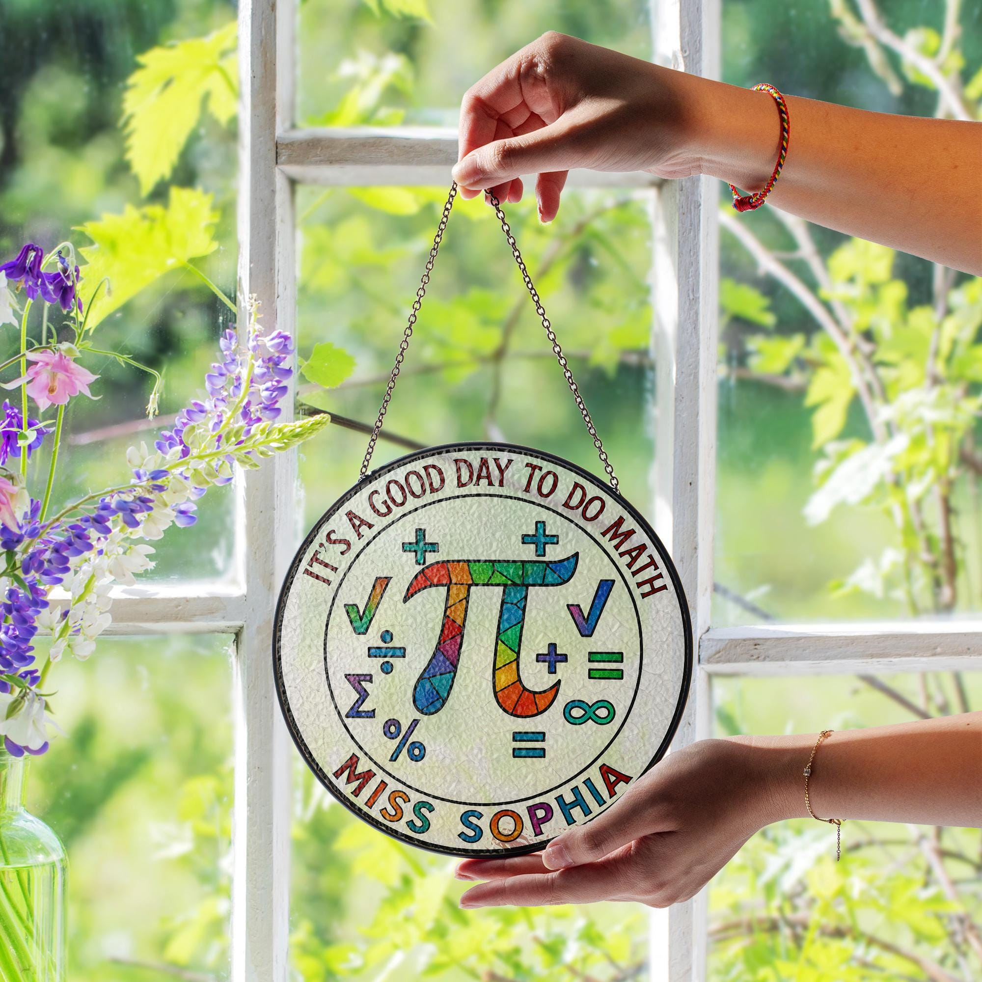 Custom Math Teacher Suncatcher, Pi Symbol Glass Decor, Personalized Gift for Educator, Rainbow Window Hanging, STEM Classroom Art