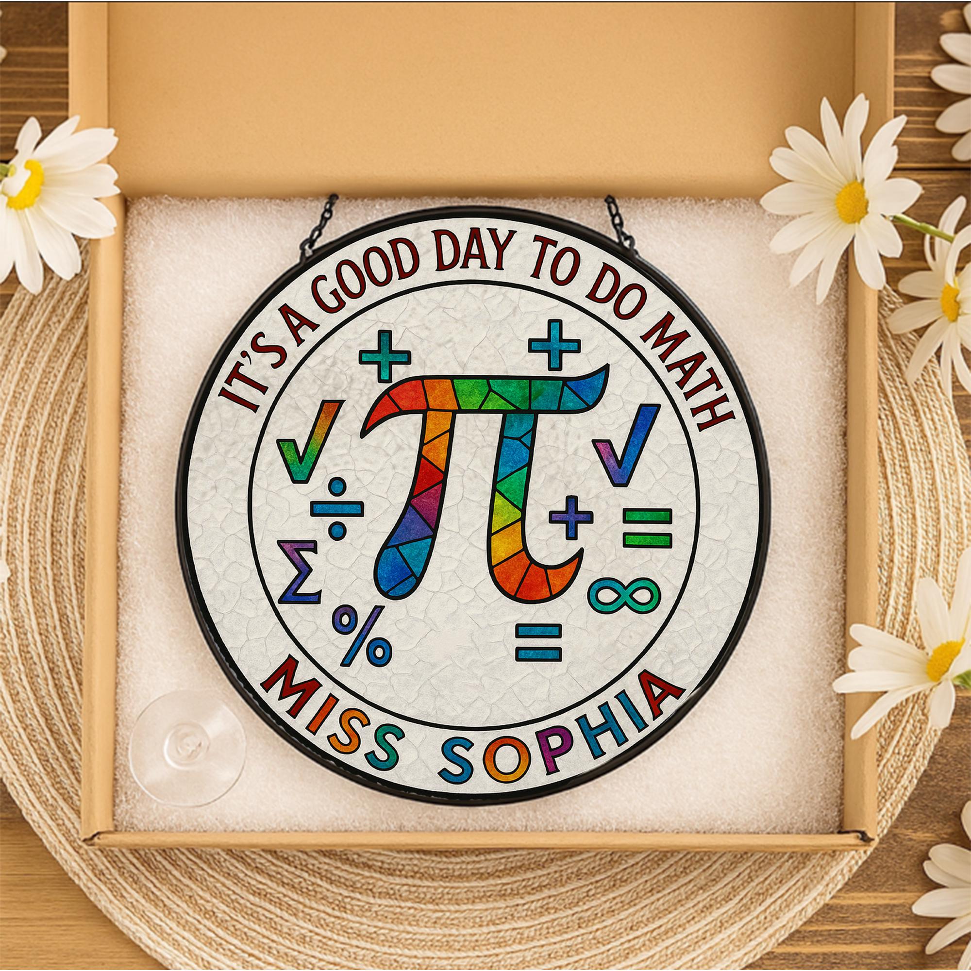 Custom Math Teacher Suncatcher, Pi Symbol Glass Decor, Personalized Gift for Educator, Rainbow Window Hanging, STEM Classroom Art