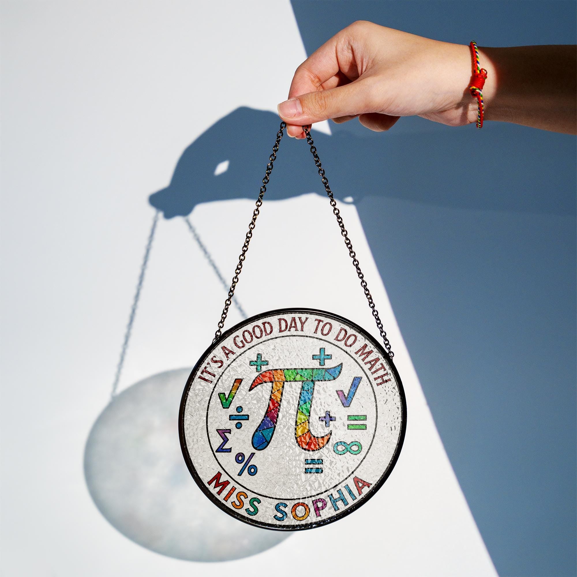 Custom Math Teacher Suncatcher, Pi Symbol Glass Decor, Personalized Gift for Educator, Rainbow Window Hanging, STEM Classroom Art