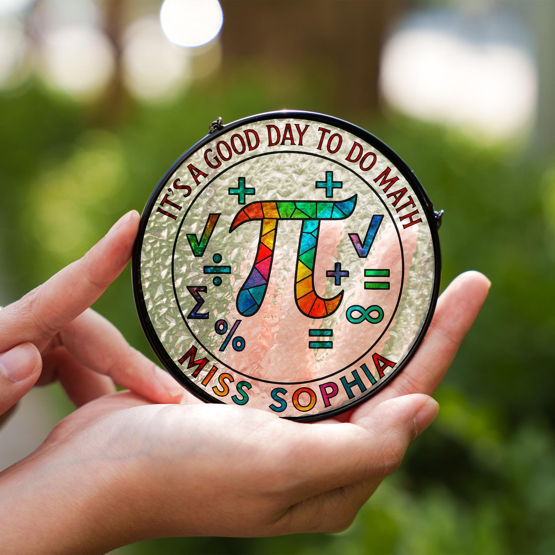 Custom Math Teacher Suncatcher, Pi Symbol Glass Decor, Personalized Gift for Educator, Rainbow Window Hanging, STEM Classroom Art