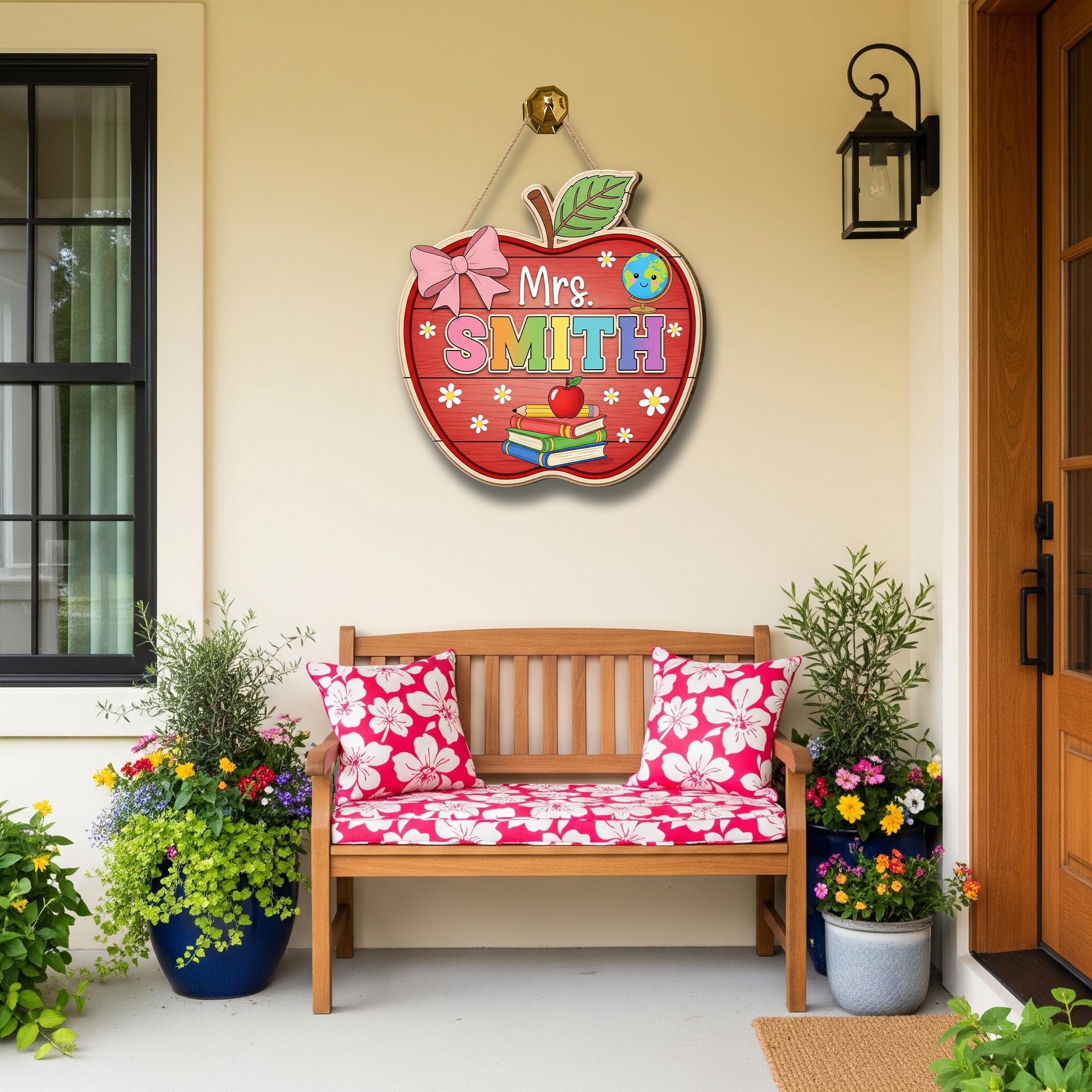 Personalized Apple Teacher Door Sign – Custom Classroom Decor with Name – Back to School Gift – Cute Hanging Sign for Teachers, Educators