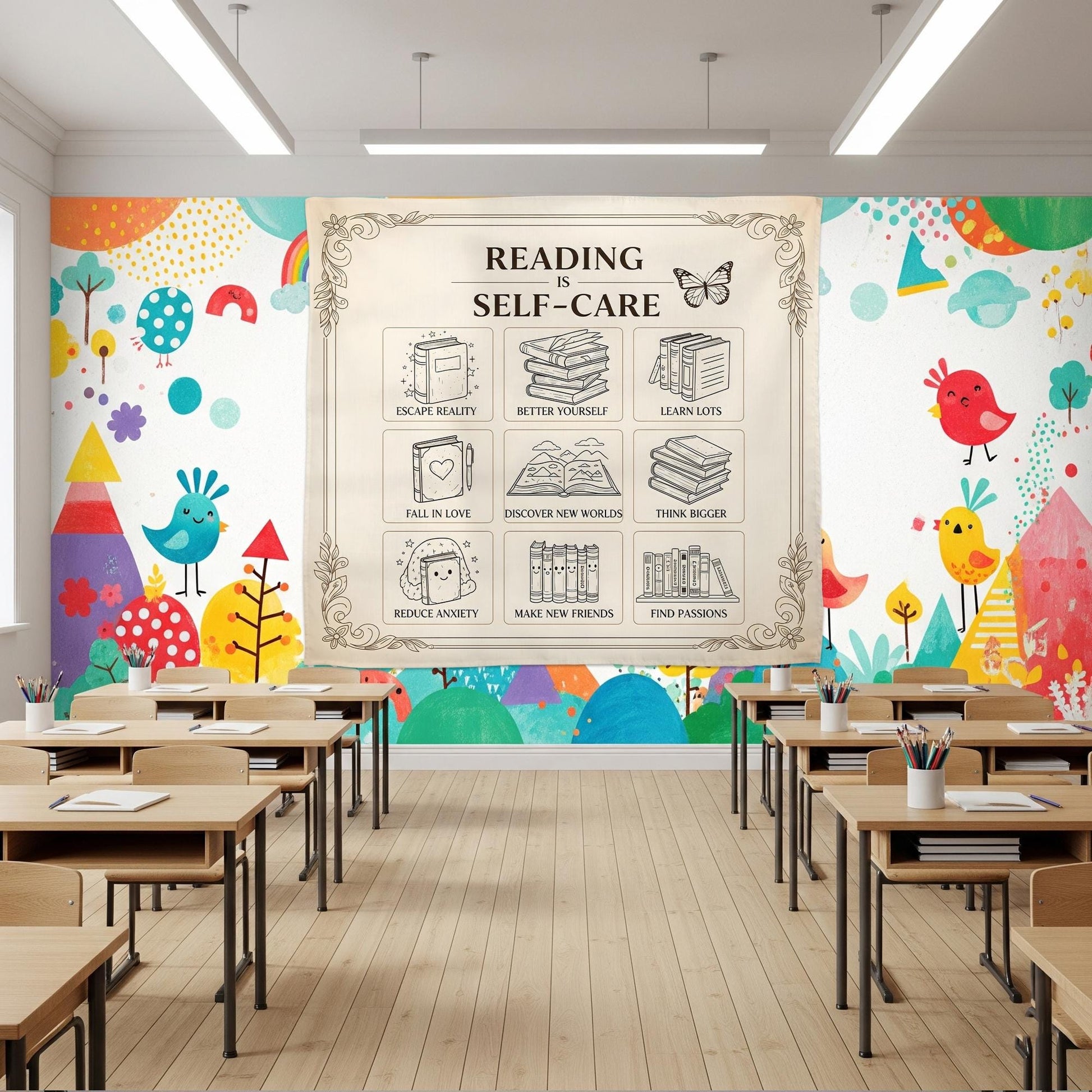 Reading Is Self Care Classroom Decor, Book Lover Gift, Classroom Tapestry, Groovy Classroom Banner,Reading Teacher Gift,Teacher Appreciation