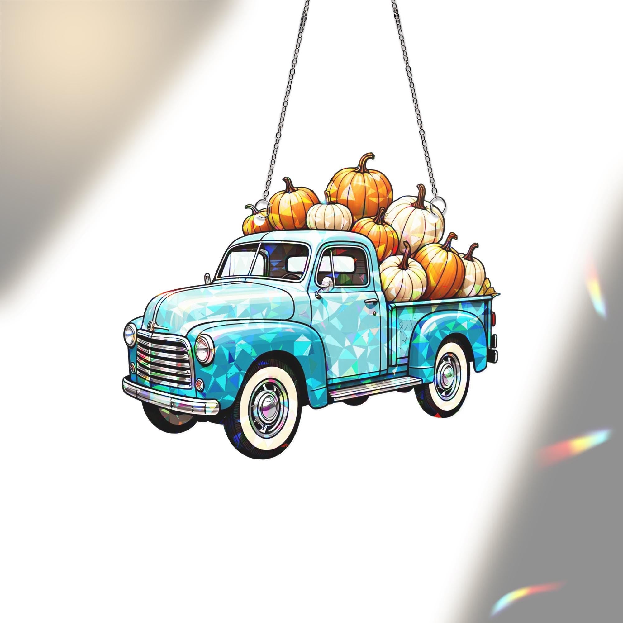 Pumpkin Truck Acrylic Window Hanging – Fall Autumn Suncatcher with Pumpkins, Seasonal Farmhouse Decor for Front Door or Window
