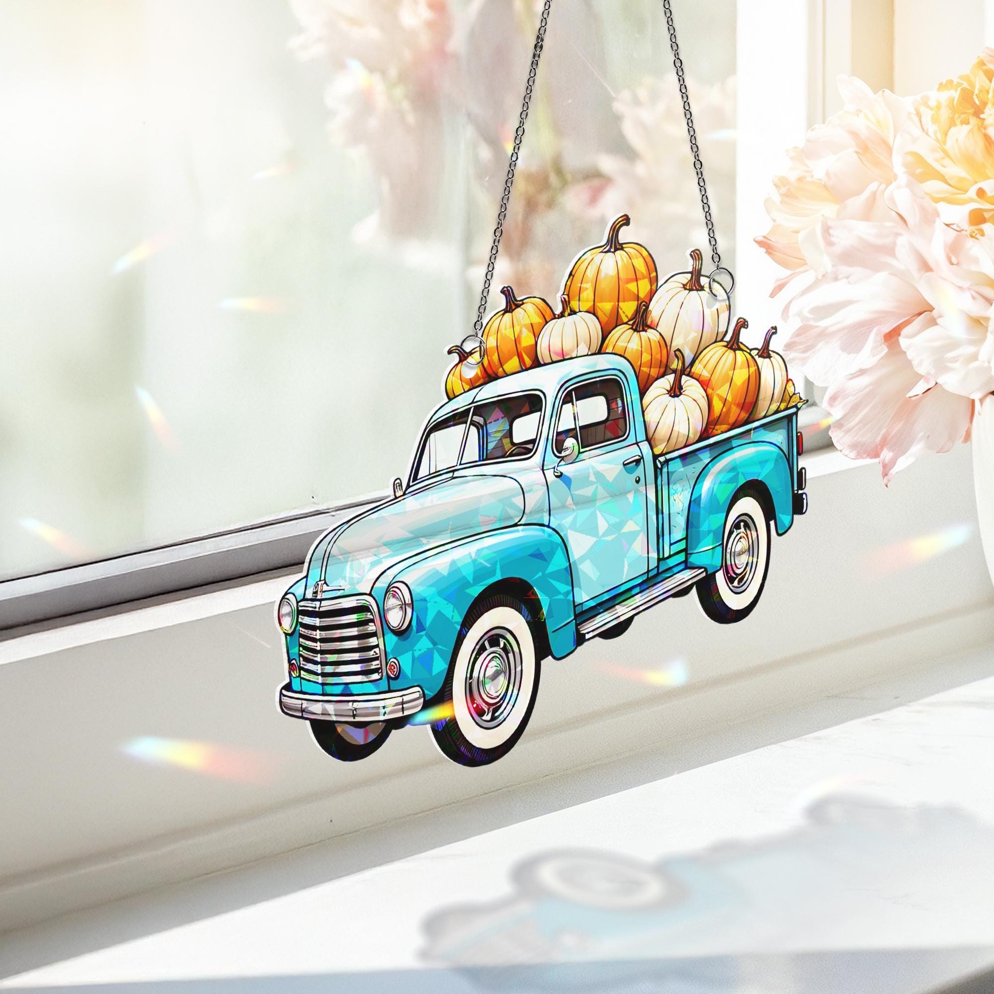 Pumpkin Truck Acrylic Window Hanging – Fall Autumn Suncatcher with Pumpkins, Seasonal Farmhouse Decor for Front Door or Window