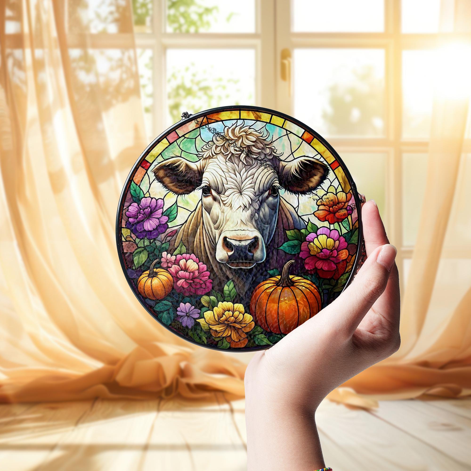 Autumn Cow Glass Suncatcher – Farmhouse Fall Window Hanging with Pumpkins & Flowers, Rustic Country Decor for Autumn Season