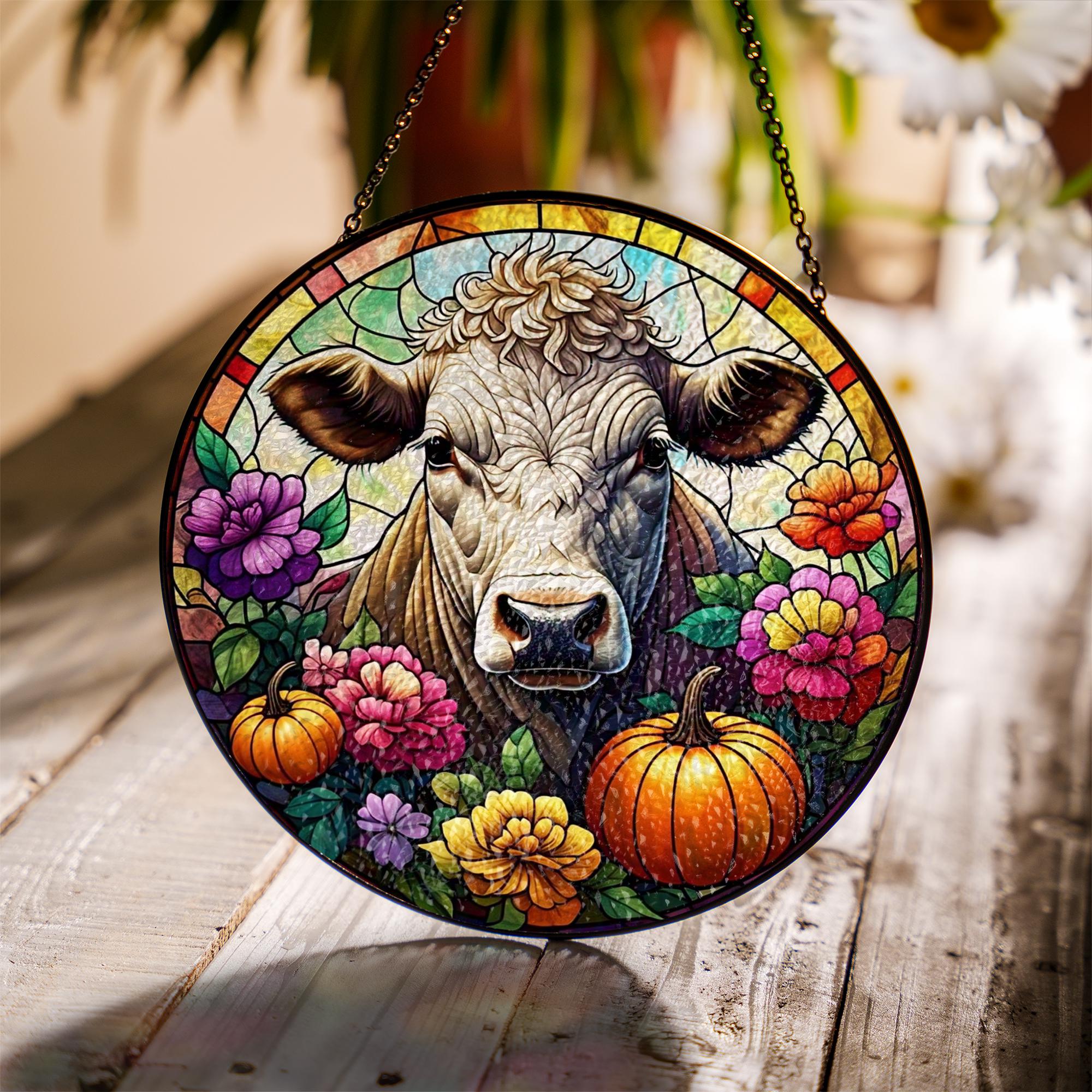 Autumn Cow Glass Suncatcher – Farmhouse Fall Window Hanging with Pumpkins & Flowers, Rustic Country Decor for Autumn Season