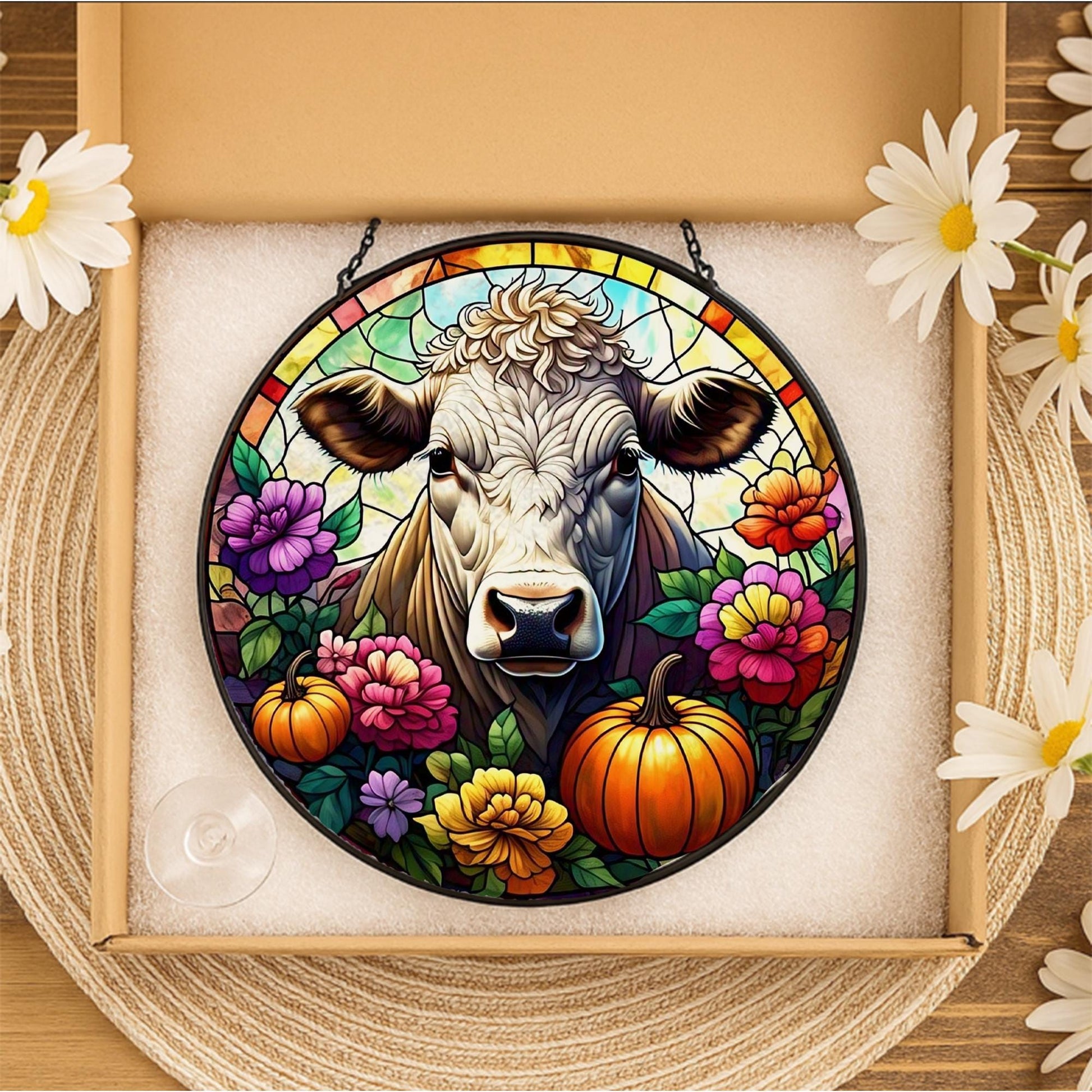 Autumn Cow Glass Suncatcher – Farmhouse Fall Window Hanging with Pumpkins & Flowers, Rustic Country Decor for Autumn Season
