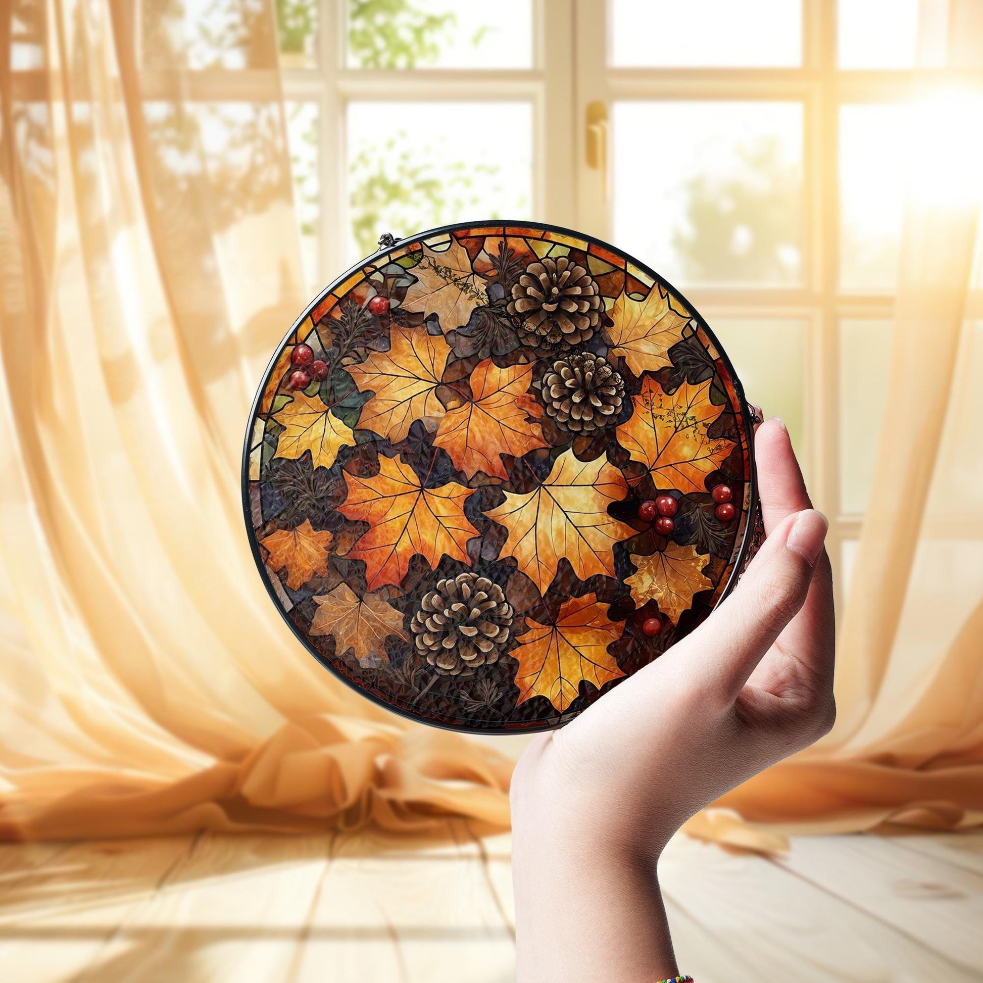 Autumn Leaves Glass Suncatcher – Fall Pinecone Window Hanging, Rustic Seasonal Decor for Thanksgiving or Cozy Autumn Home Accent