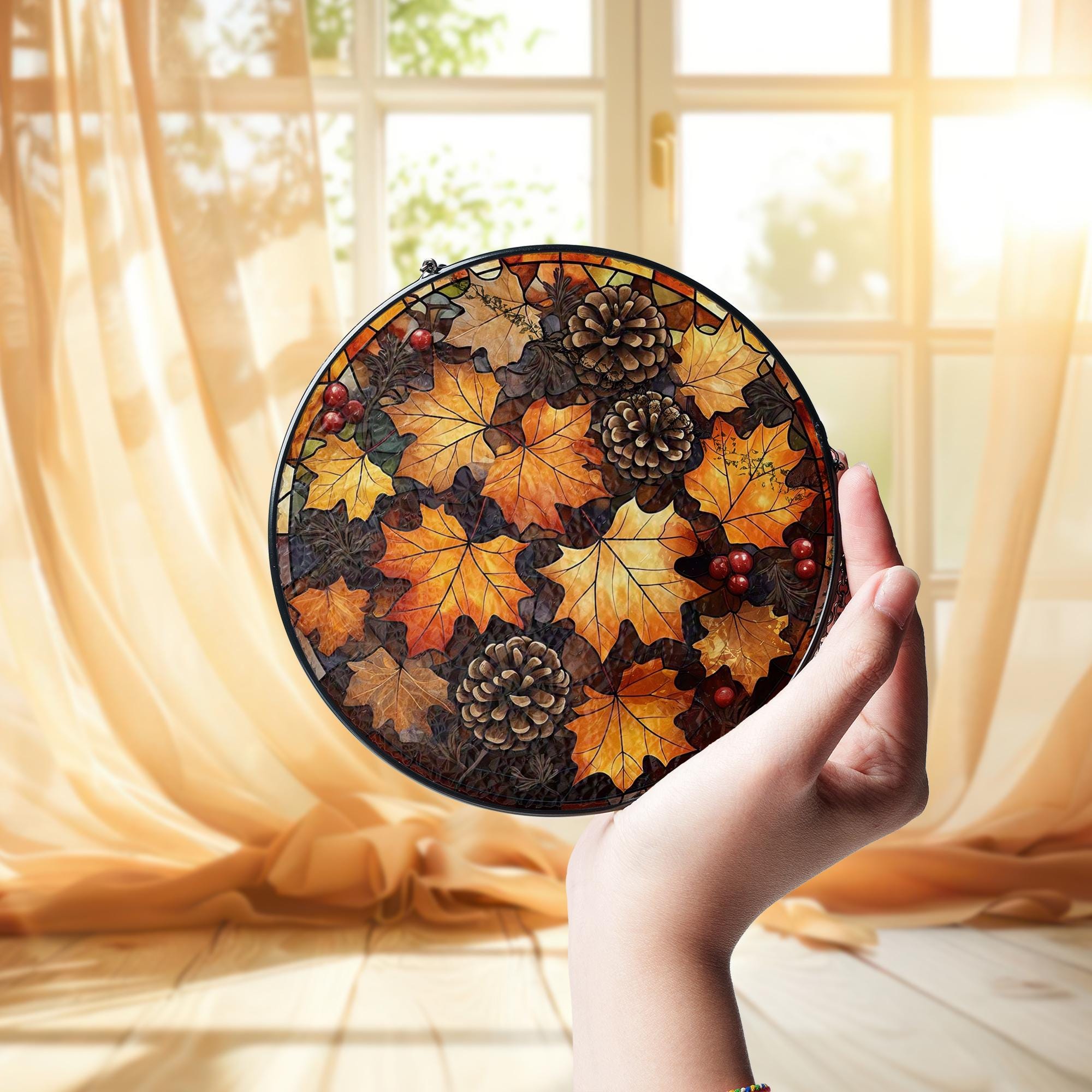 Autumn Leaves Glass Suncatcher – Fall Pinecone Window Hanging, Rustic Seasonal Decor for Thanksgiving or Cozy Autumn Home Accent