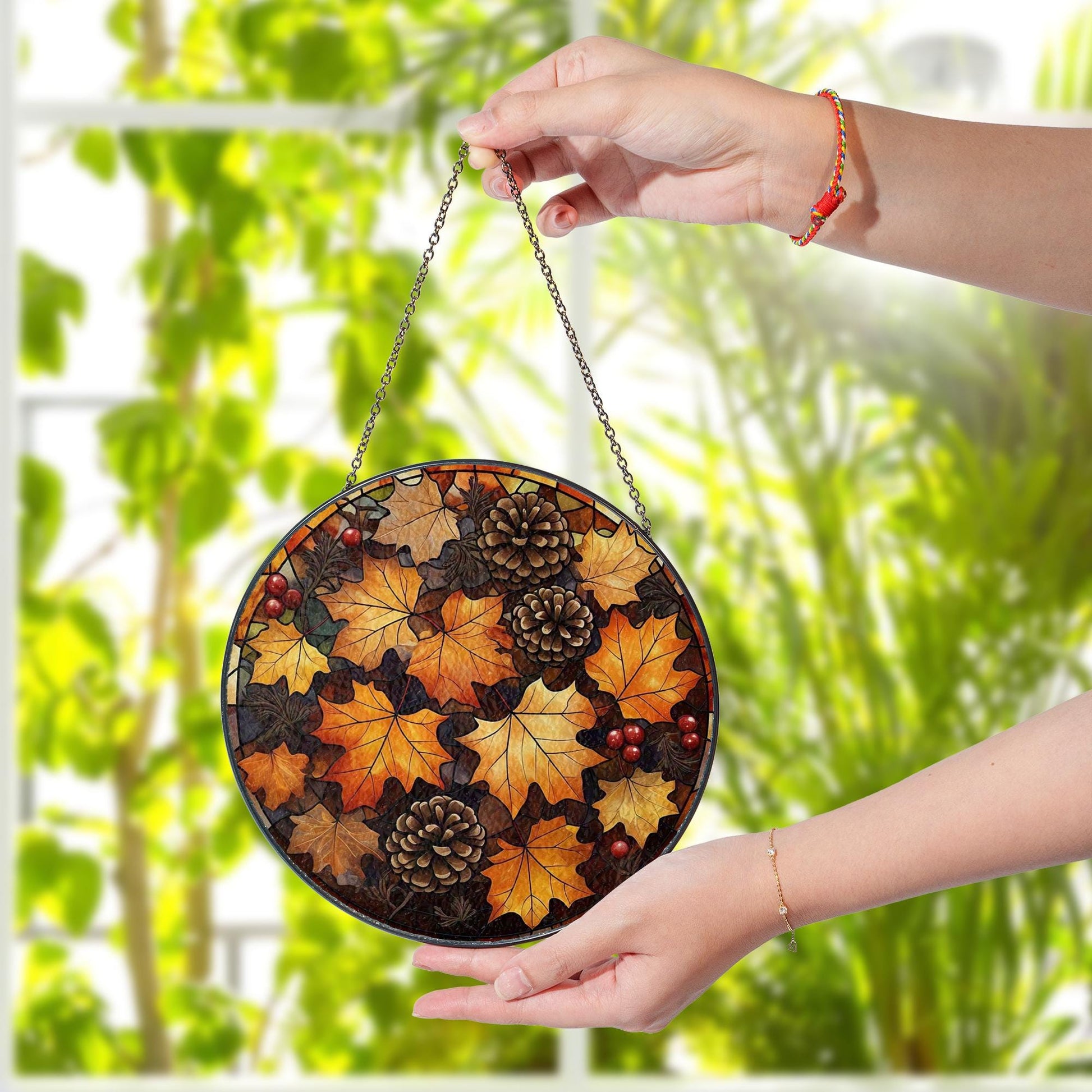 Autumn Leaves Glass Suncatcher – Fall Pinecone Window Hanging, Rustic Seasonal Decor for Thanksgiving or Cozy Autumn Home Accent