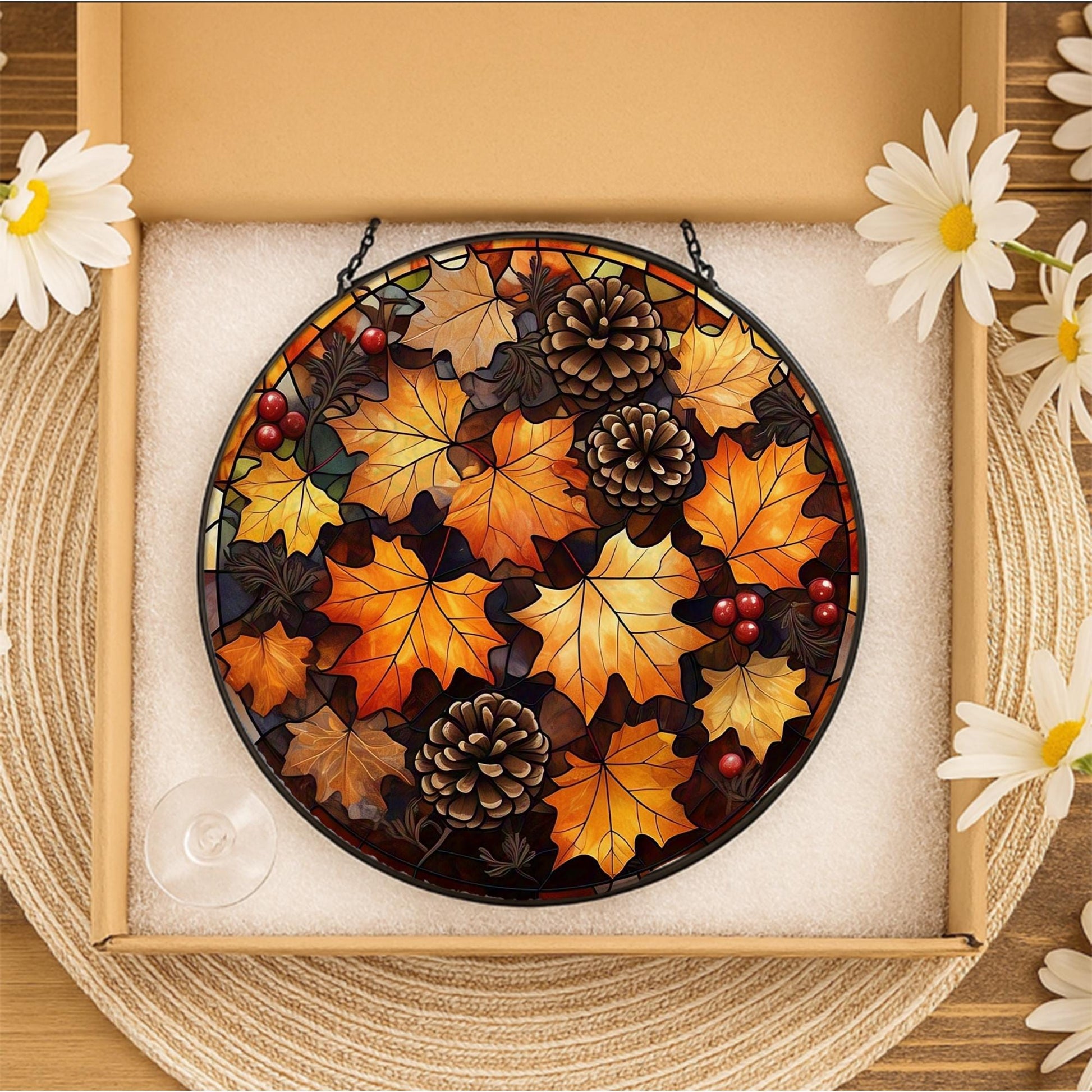 Autumn Leaves Glass Suncatcher – Fall Pinecone Window Hanging, Rustic Seasonal Decor for Thanksgiving or Cozy Autumn Home Accent