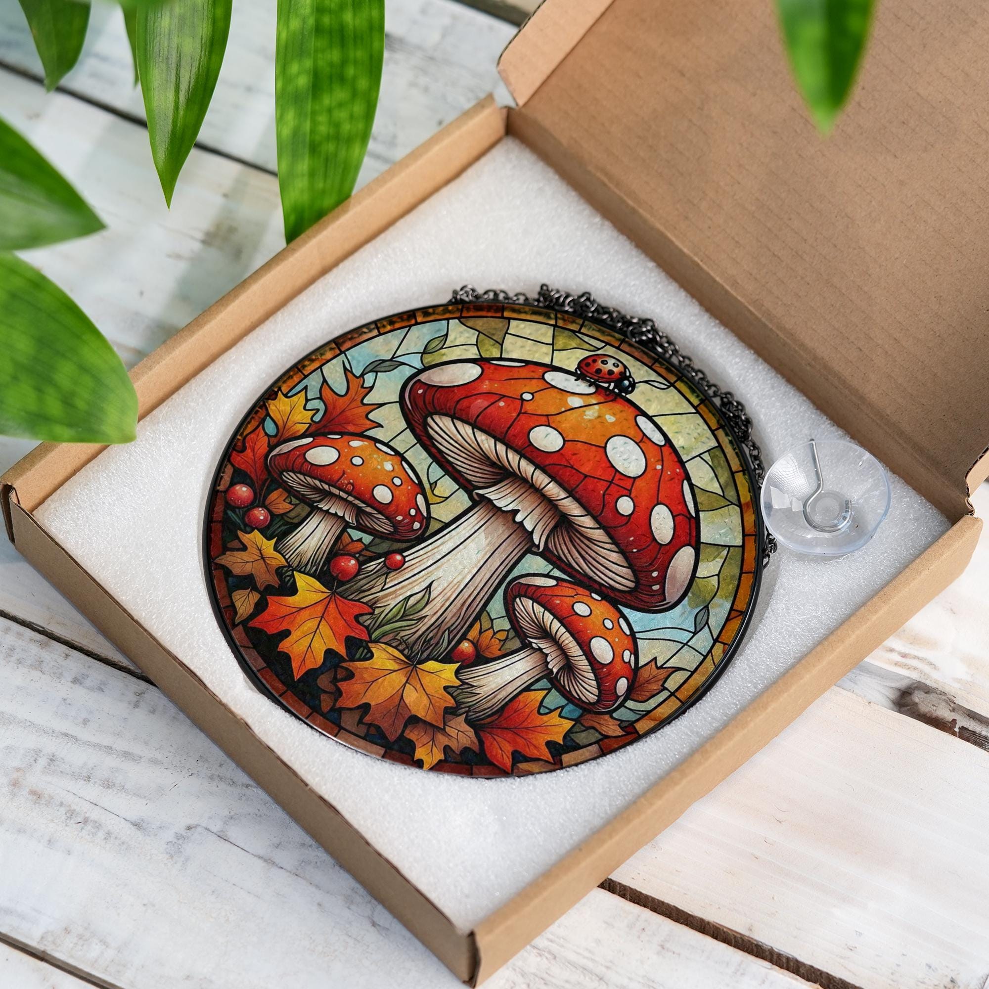 Autumn Mushroom Glass Suncatcher – Fall Toadstool Window Decor with Leaves and Ladybug, Whimsical Forest Nature Home Accent