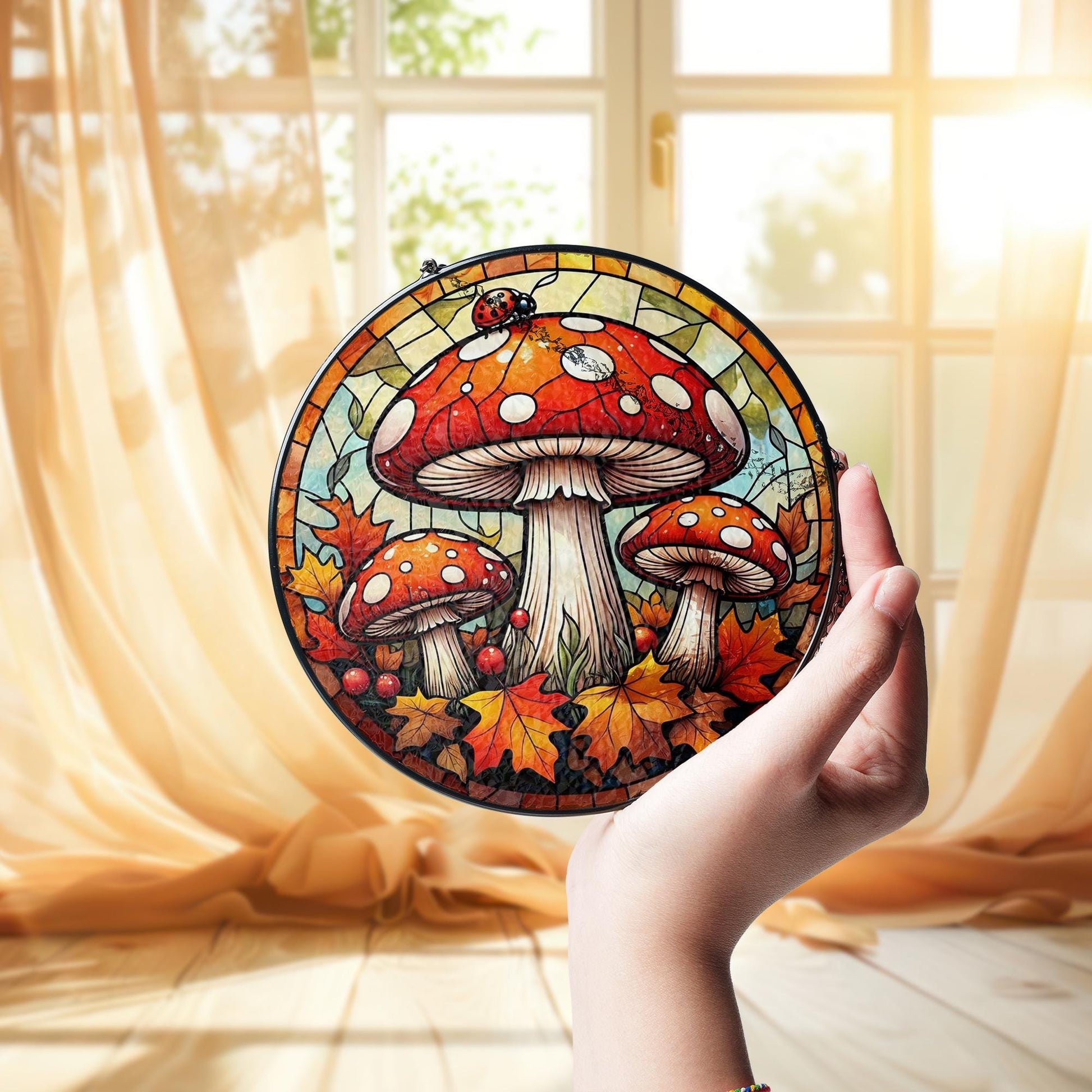 Autumn Mushroom Glass Suncatcher – Fall Toadstool Window Decor with Leaves and Ladybug, Whimsical Forest Nature Home Accent