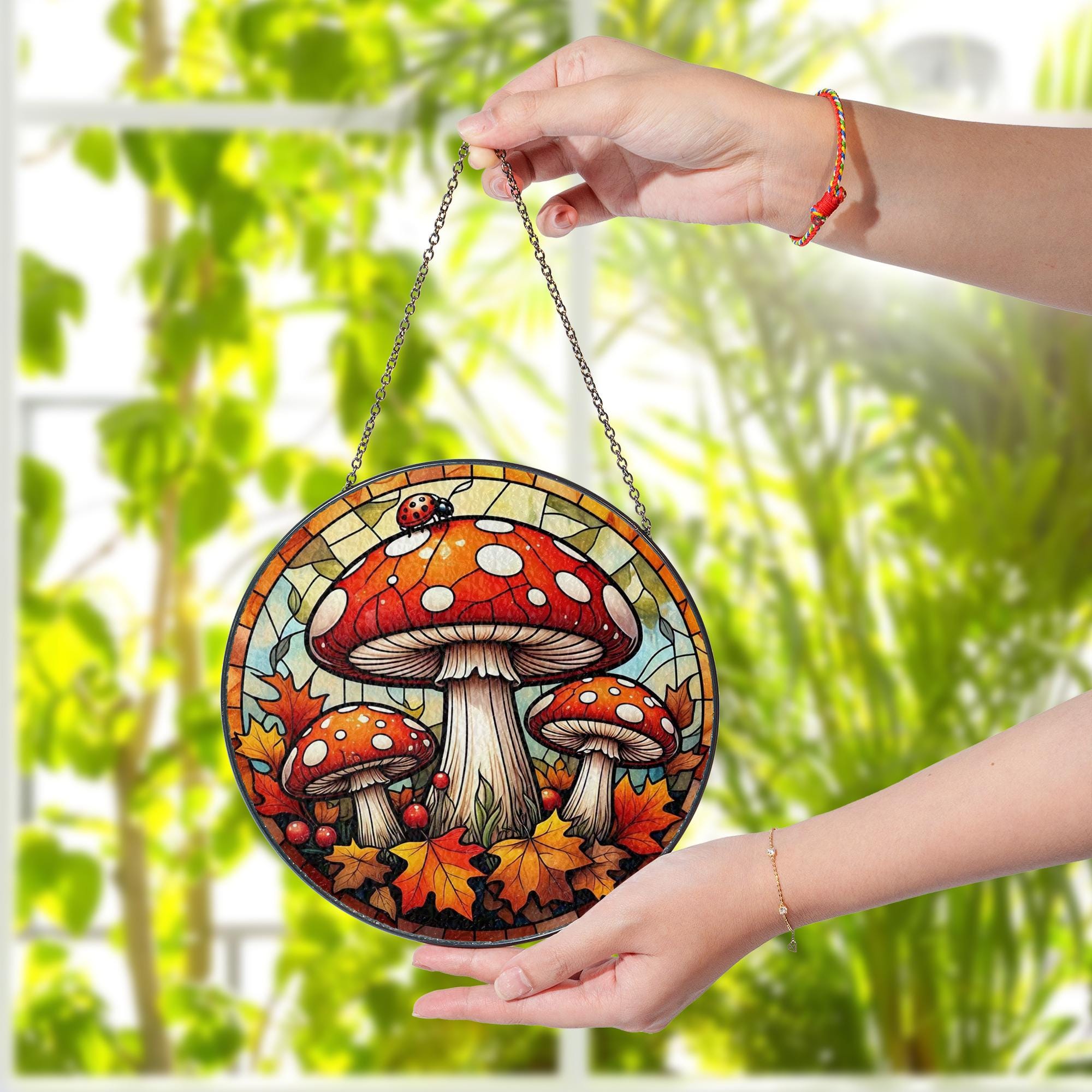Autumn Mushroom Glass Suncatcher – Fall Toadstool Window Decor with Leaves and Ladybug, Whimsical Forest Nature Home Accent