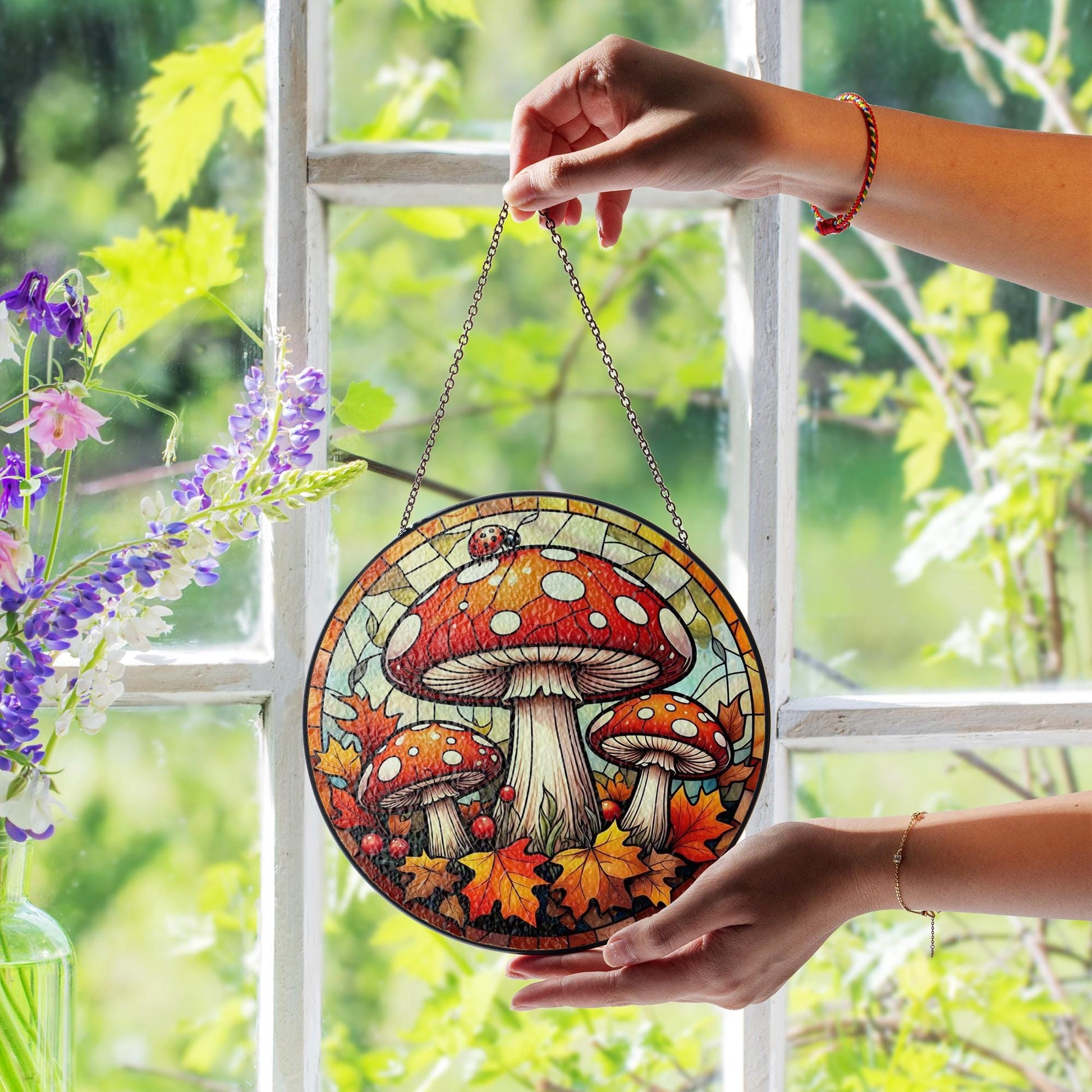 Autumn Mushroom Glass Suncatcher – Fall Toadstool Window Decor with Leaves and Ladybug, Whimsical Forest Nature Home Accent