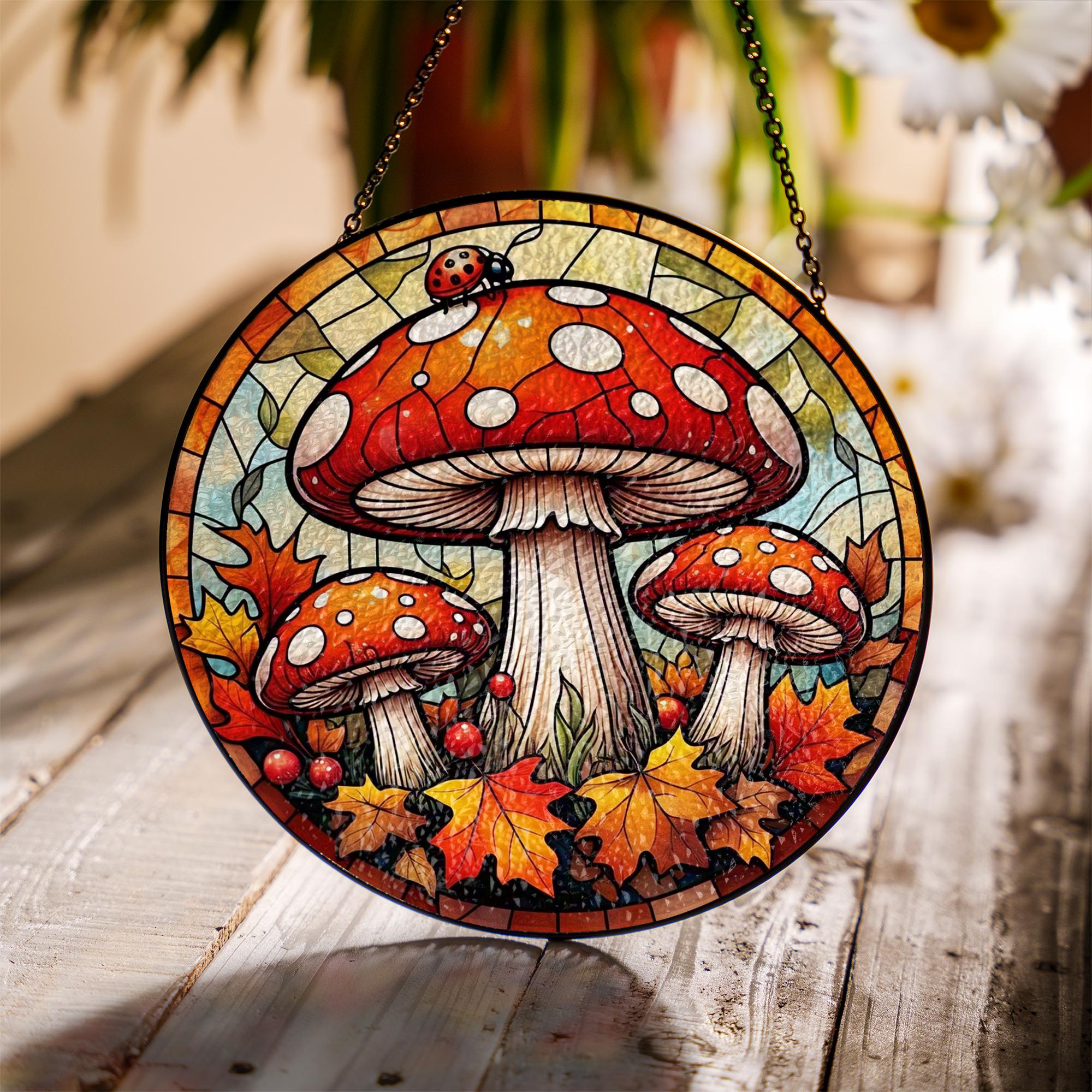 Autumn Mushroom Glass Suncatcher – Fall Toadstool Window Decor with Leaves and Ladybug, Whimsical Forest Nature Home Accent