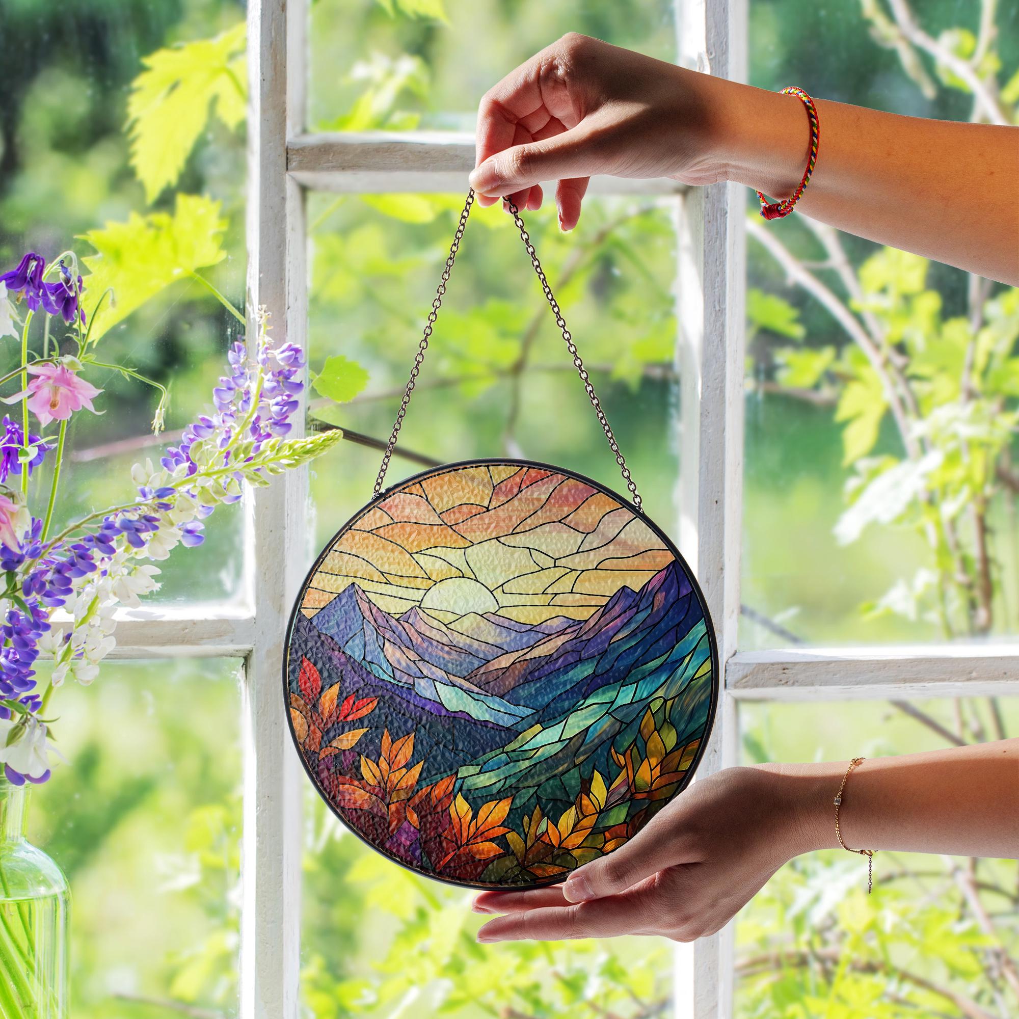 Mountain Sunset Glass Suncatcher – Autumn Landscape Window Hanging, Fall Foliage Decor, Glass Suncatcher Nature Sun Catcher Gift