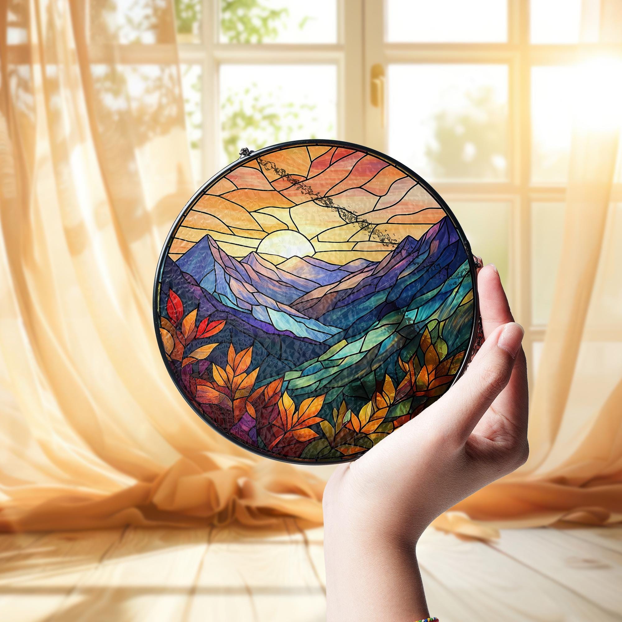 Mountain Sunset Glass Suncatcher – Autumn Landscape Window Hanging, Fall Foliage Decor, Glass Suncatcher Nature Sun Catcher Gift