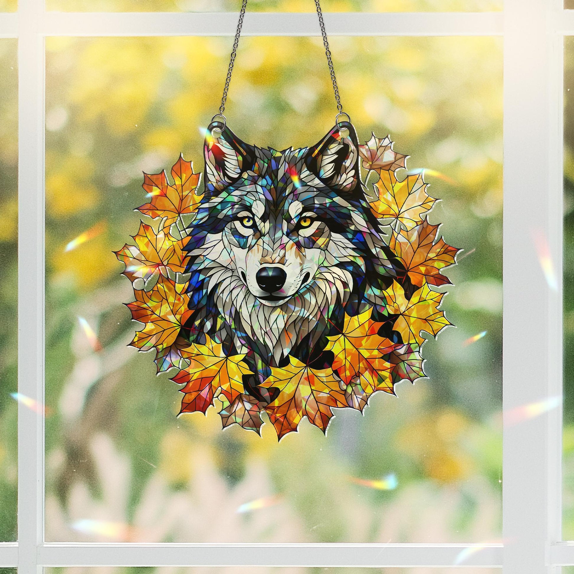 Wolf Acrylic Window Hanging – Autumn Leaves Suncatcher, Fall Animal Decor, Rustic Wildlife Window Art, Woodland Cabin Home Decoration