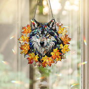 Wolf Acrylic Window Hanging – Autumn Leaves Suncatcher, Fall Animal Decor, Rustic Wildlife Window Art, Woodland Cabin Home Decoration
