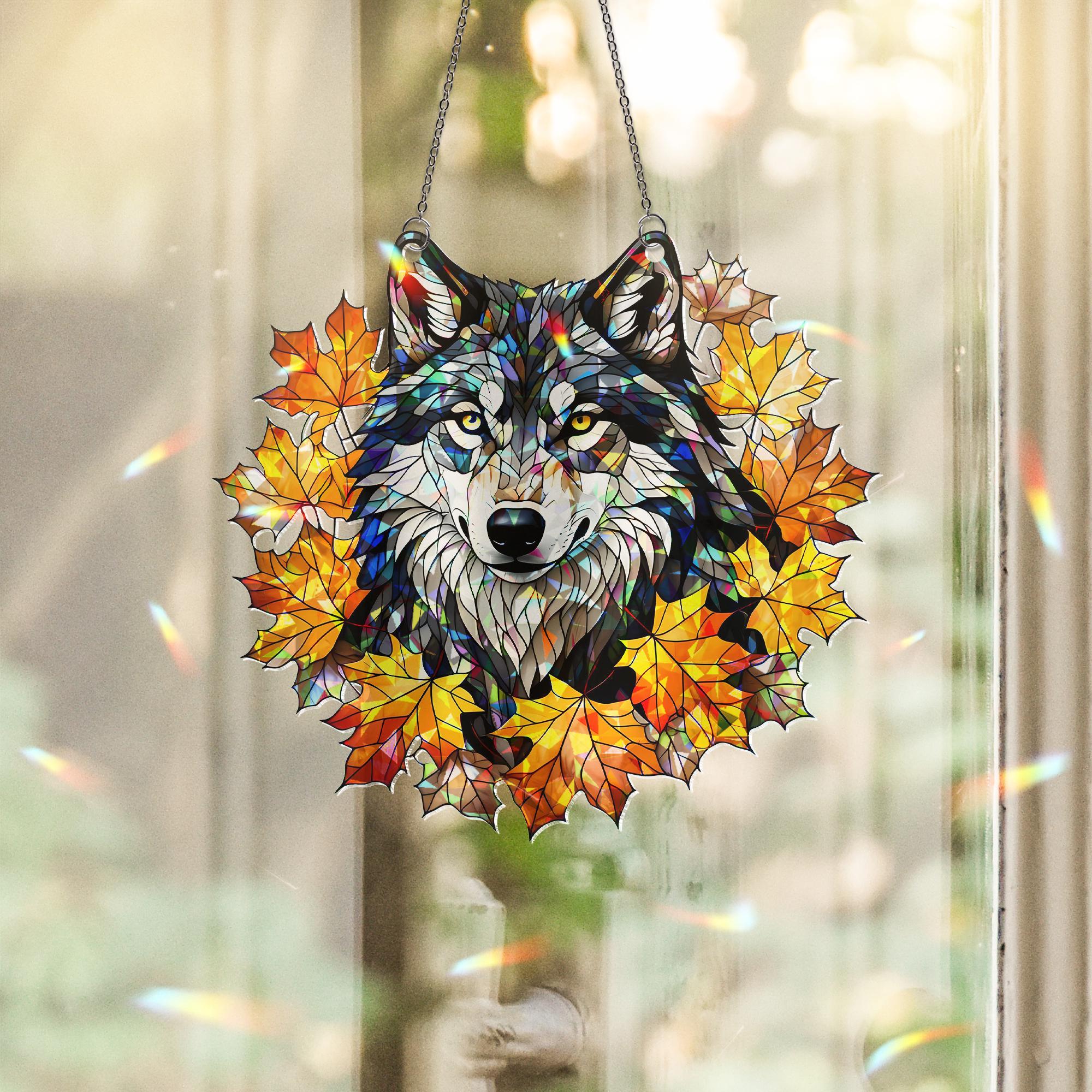 Wolf Acrylic Window Hanging – Autumn Leaves Suncatcher, Fall Animal Decor, Rustic Wildlife Window Art, Woodland Cabin Home Decoration
