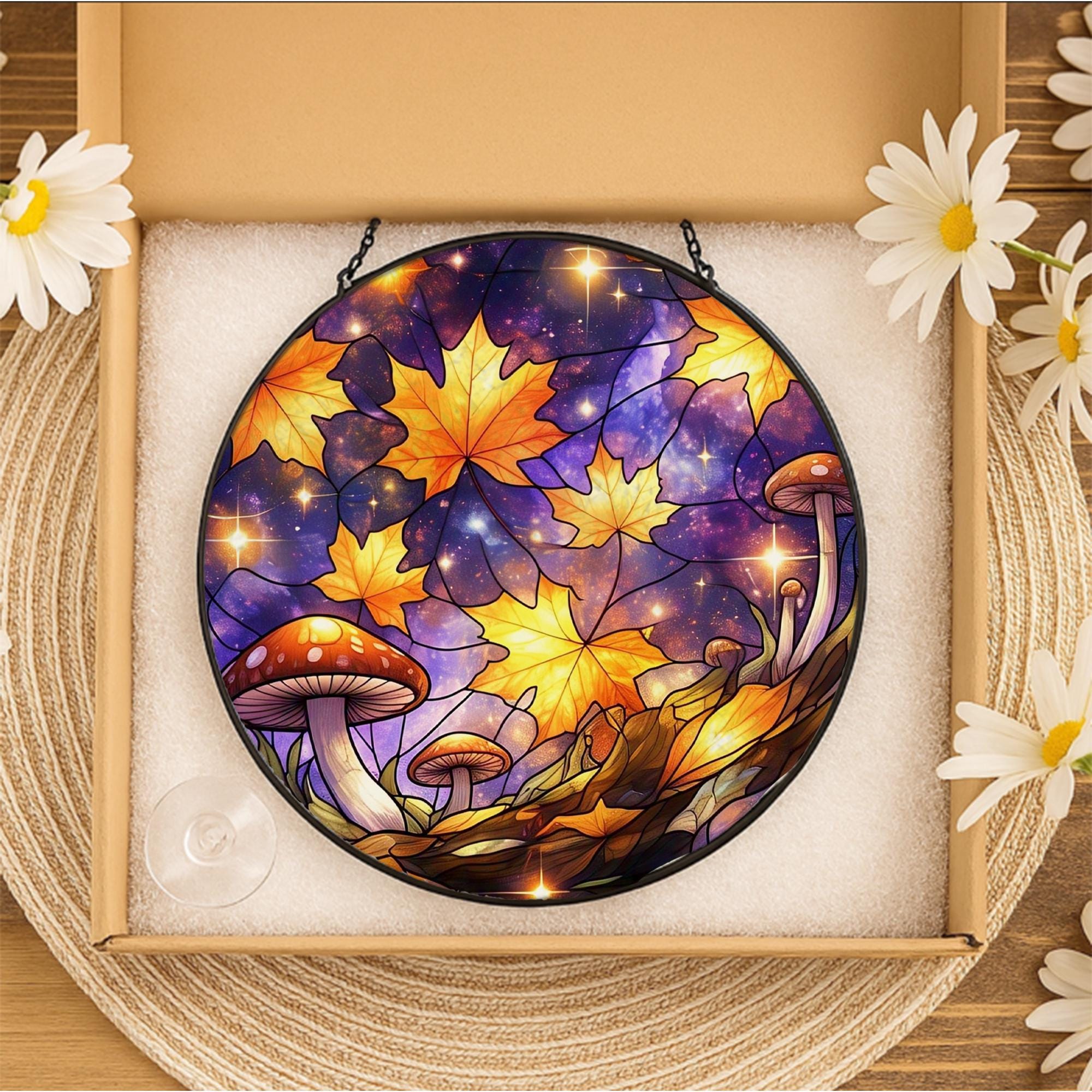 Autumn Galaxy Mushroom Glass Suncatcher – Fall Leaf Window Hanging, Glass Suncatcher Forest Decor, Cosmic Cottagecore Gift for Nature Lovers