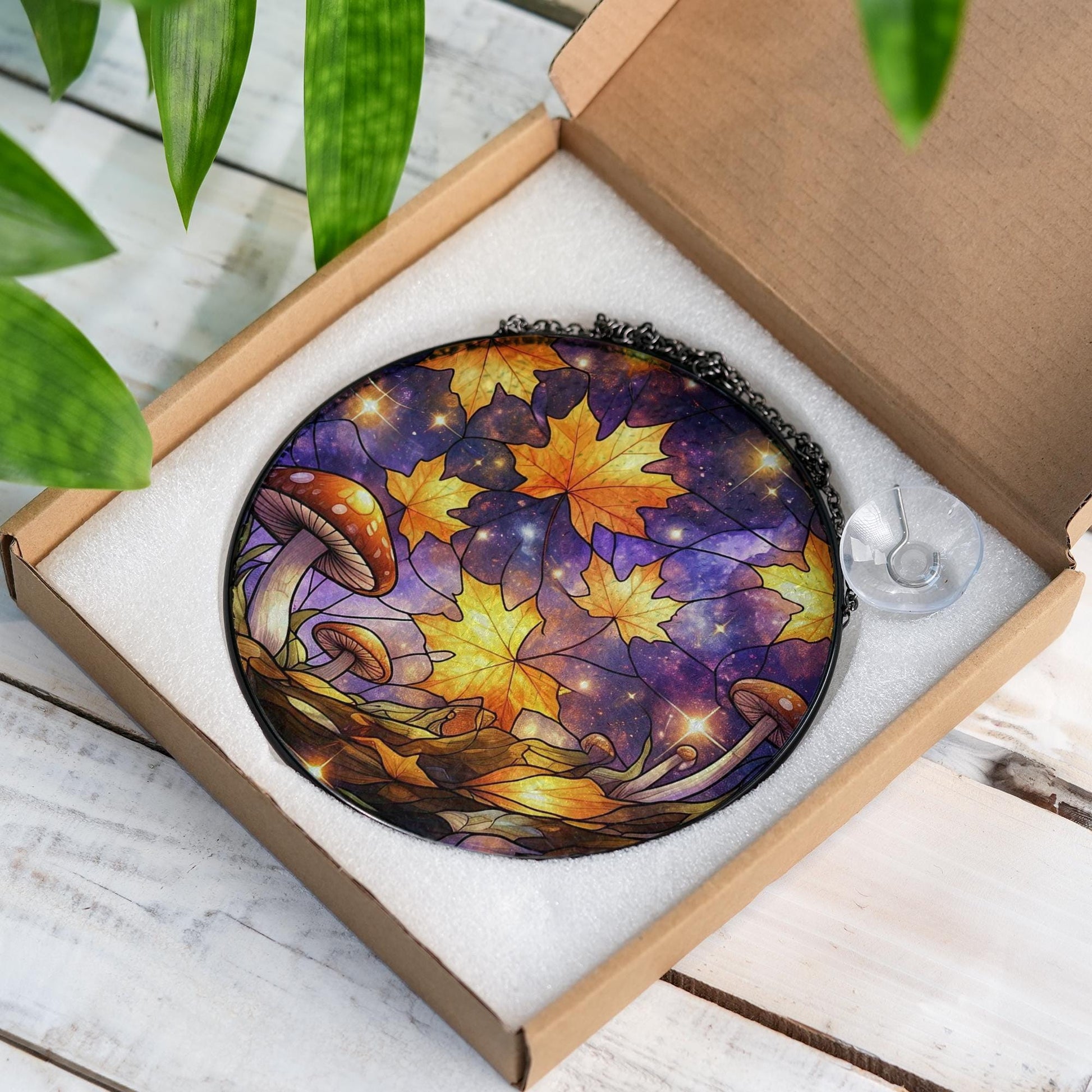Autumn Galaxy Mushroom Glass Suncatcher – Fall Leaf Window Hanging, Glass Suncatcher Forest Decor, Cosmic Cottagecore Gift for Nature Lovers