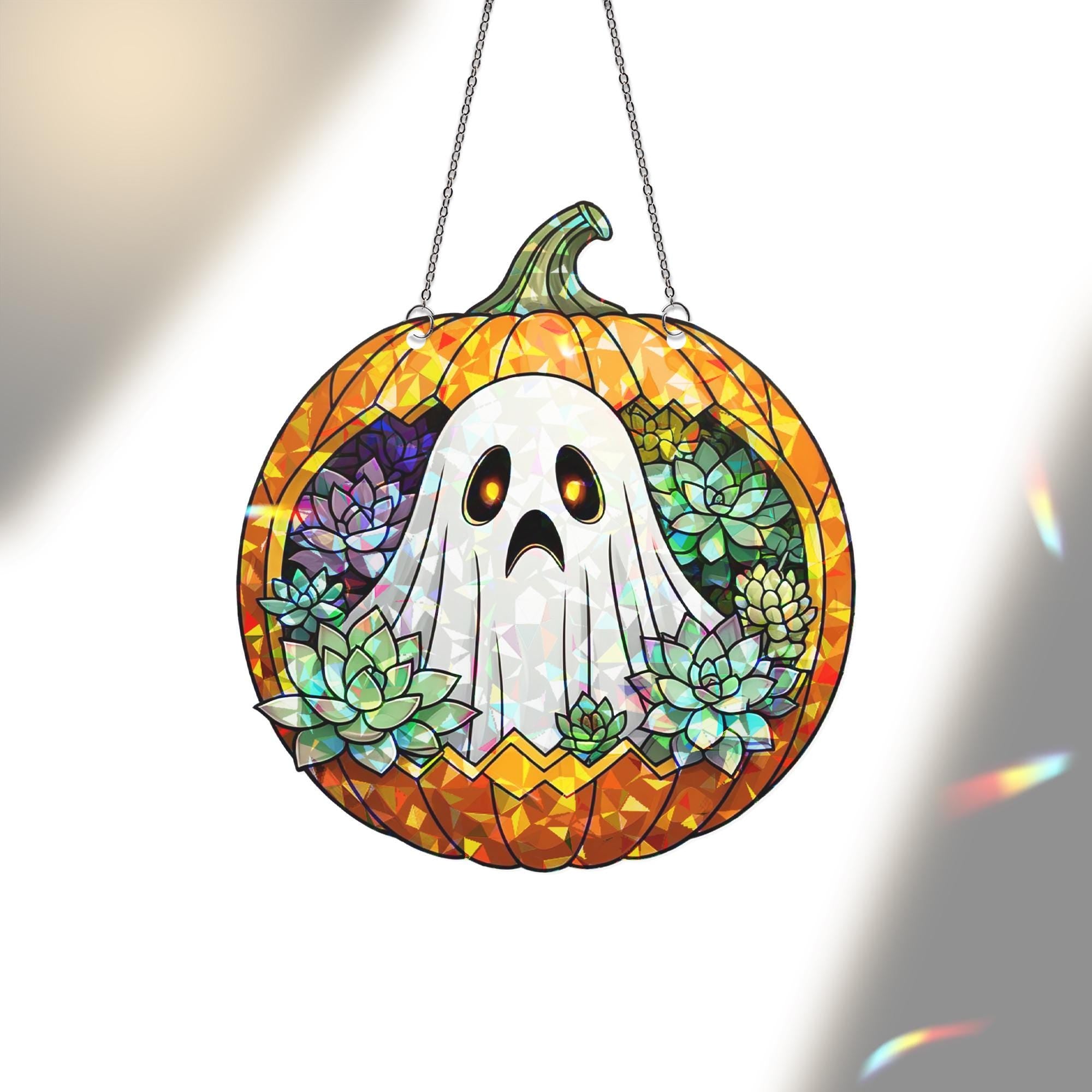 Cute Ghost Pumpkin Acrylic Window Hanging – Fall Halloween Suncatcher, Succulent Autumn Decor, Spooky Season Gift for Home or Office