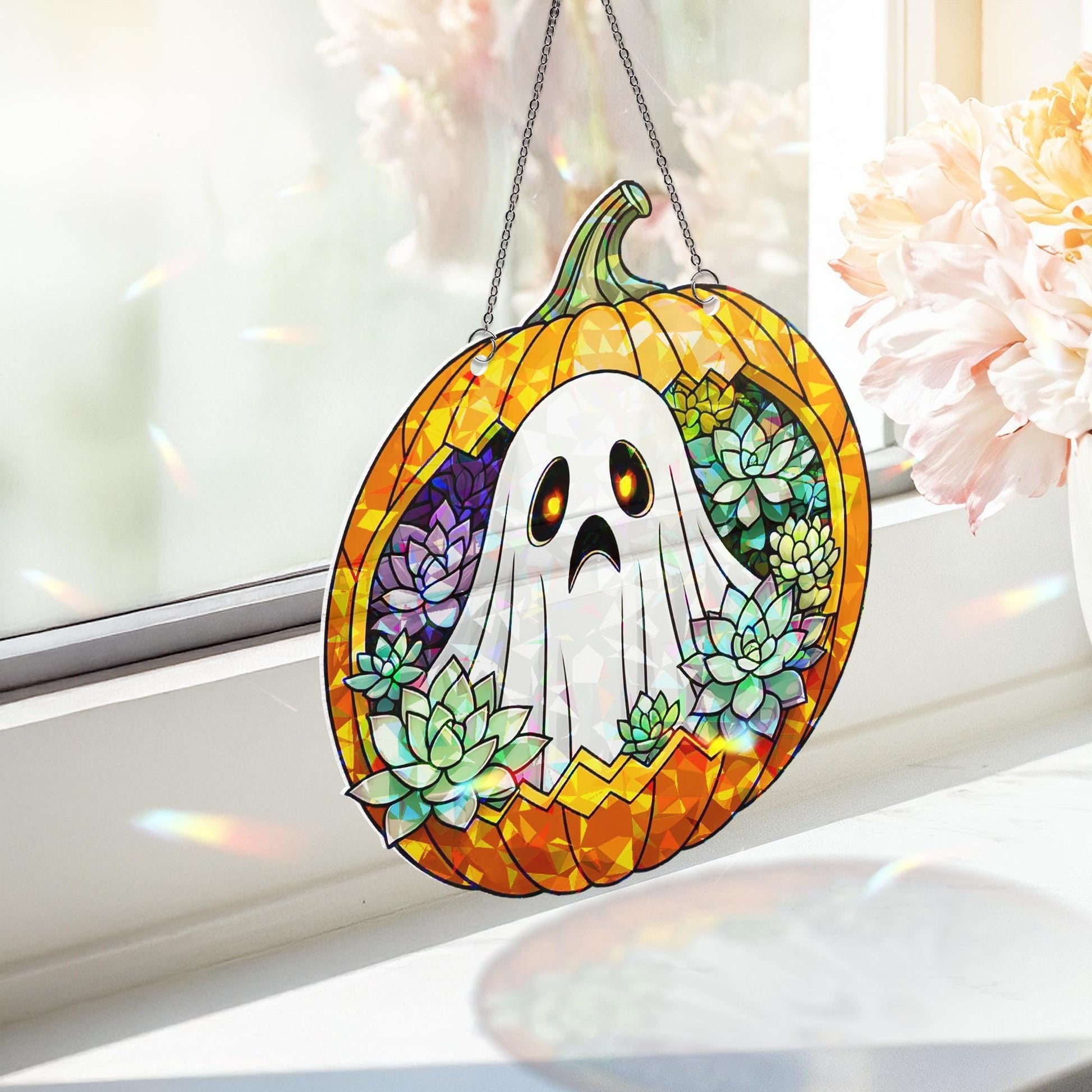 Cute Ghost Pumpkin Acrylic Window Hanging – Fall Halloween Suncatcher, Succulent Autumn Decor, Spooky Season Gift for Home or Office