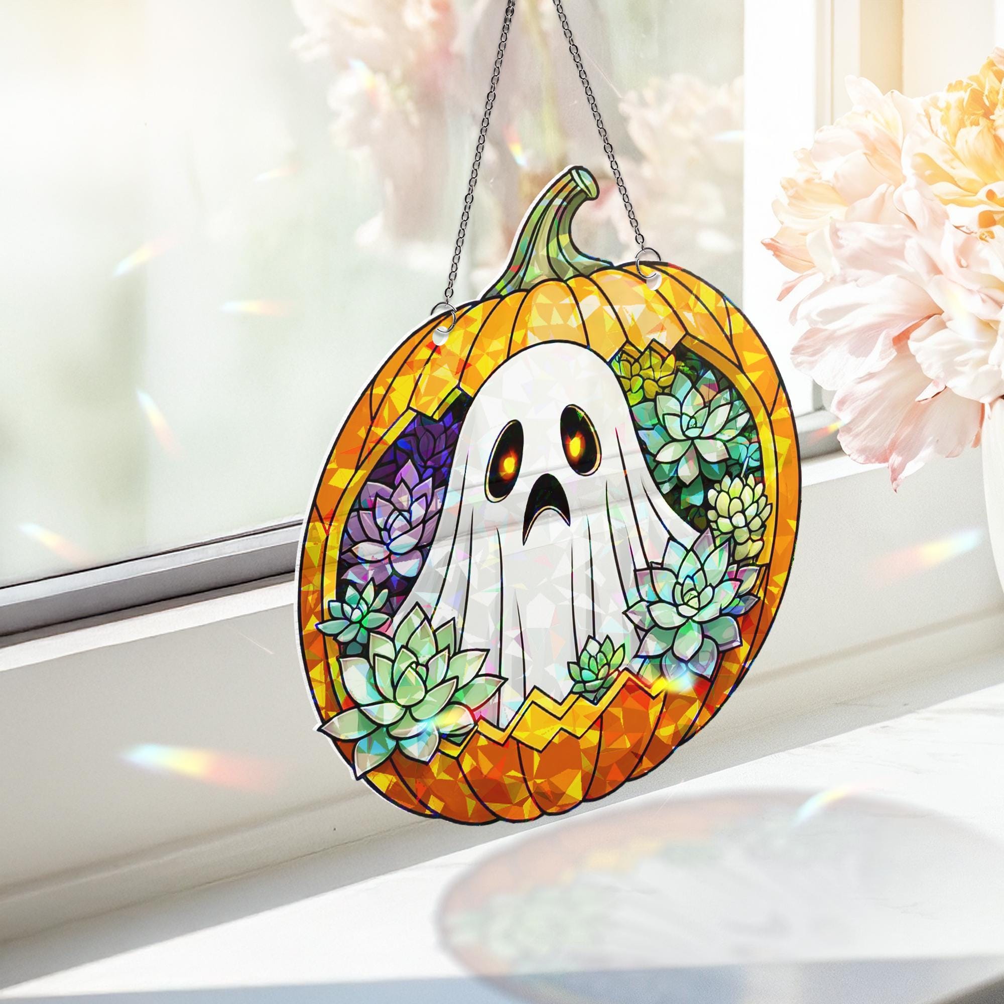 Cute Ghost Pumpkin Acrylic Window Hanging – Fall Halloween Suncatcher, Succulent Autumn Decor, Spooky Season Gift for Home or Office