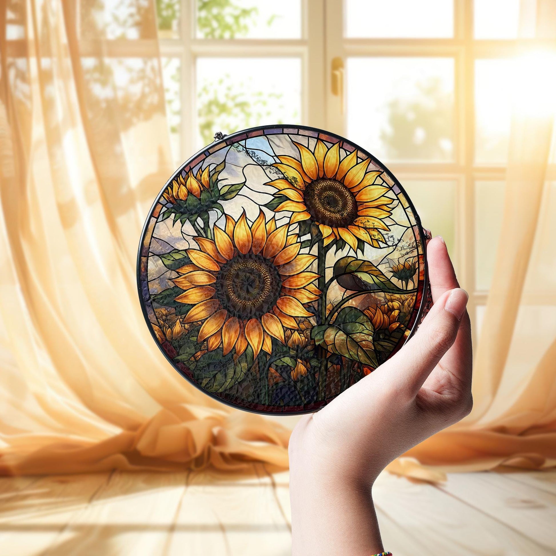 Sunflower Glass Suncatcher for Autumn – Fall Window Hanging Decor, Rustic Farmhouse Sunflower Art, Garden Gift, Bright Seasonal Decoration