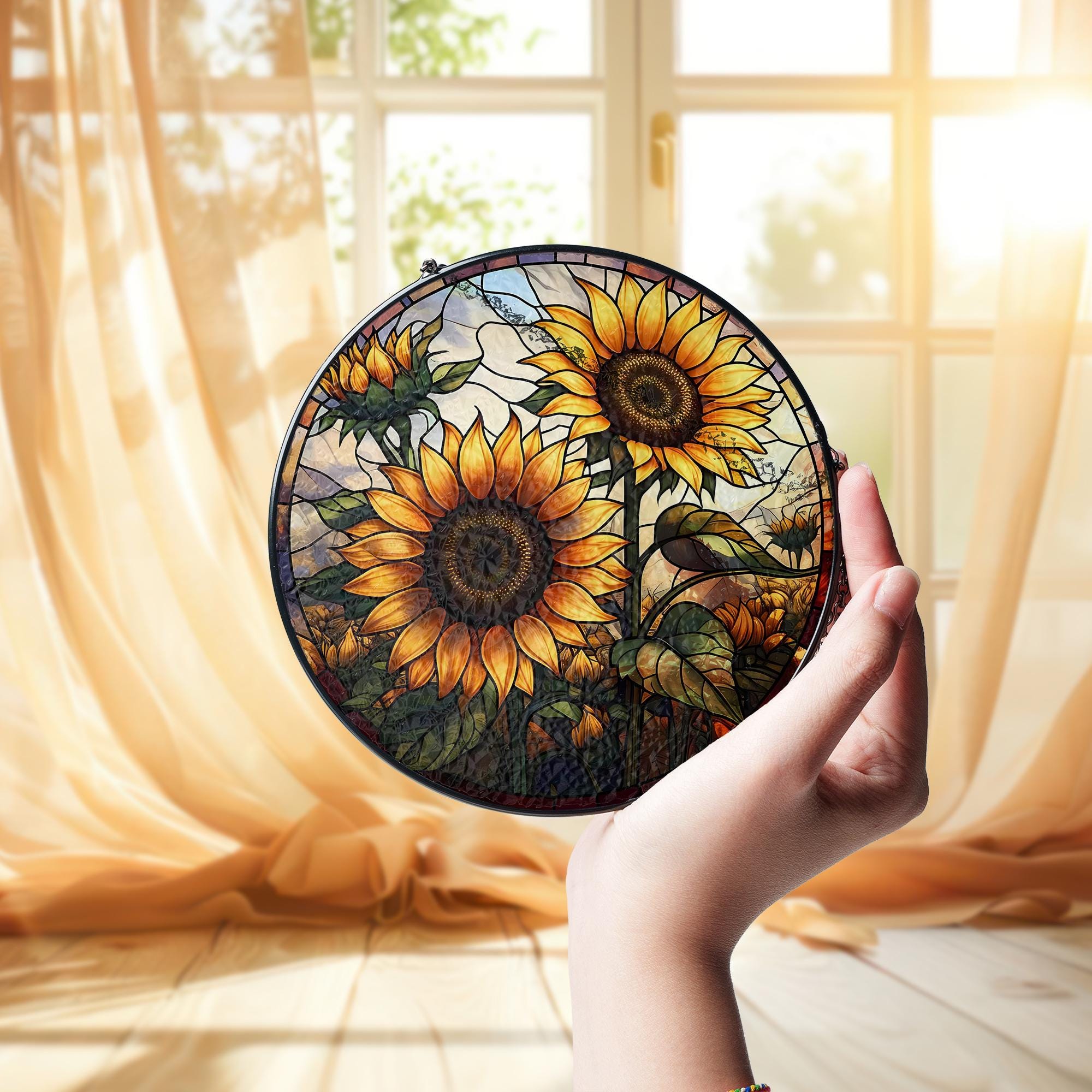 Sunflower Glass Suncatcher for Autumn – Fall Window Hanging Decor, Rustic Farmhouse Sunflower Art, Garden Gift, Bright Seasonal Decoration