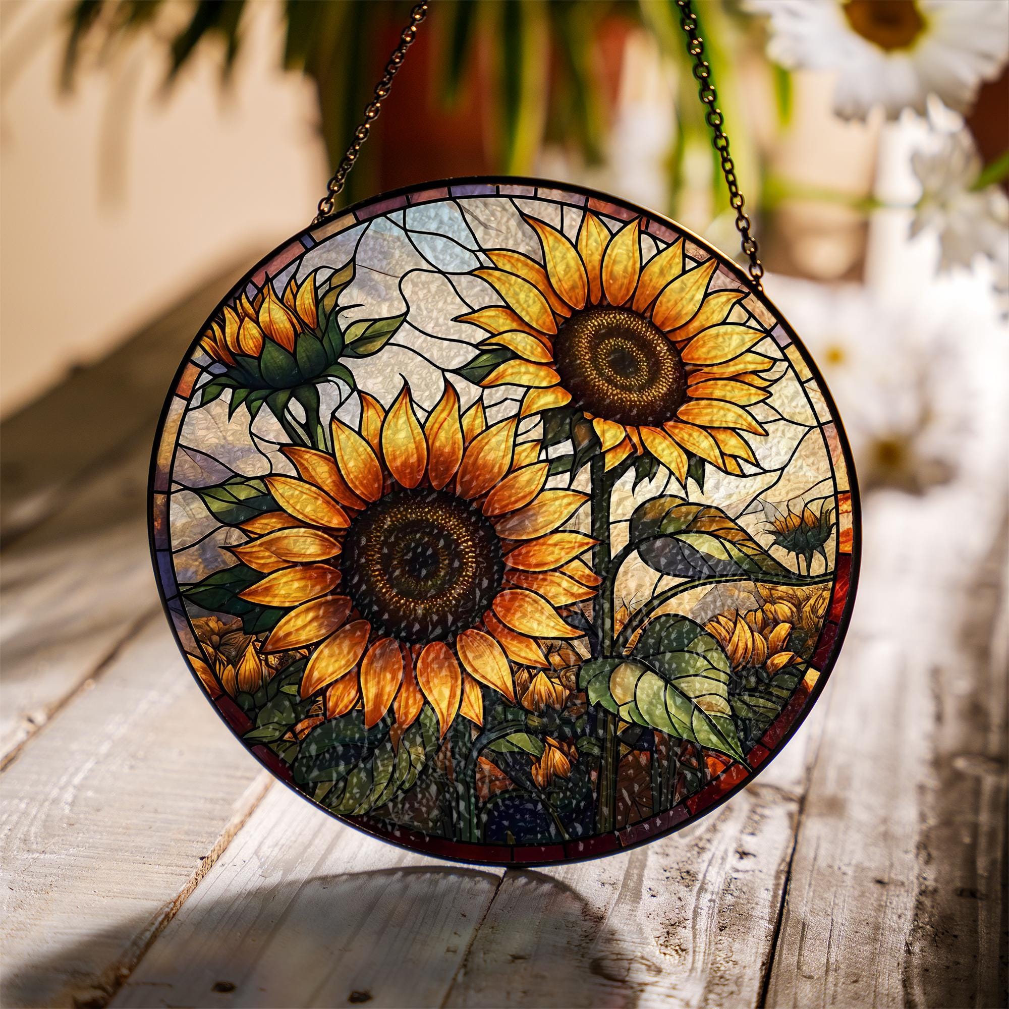Sunflower Glass Suncatcher for Autumn – Fall Window Hanging Decor, Rustic Farmhouse Sunflower Art, Garden Gift, Bright Seasonal Decoration