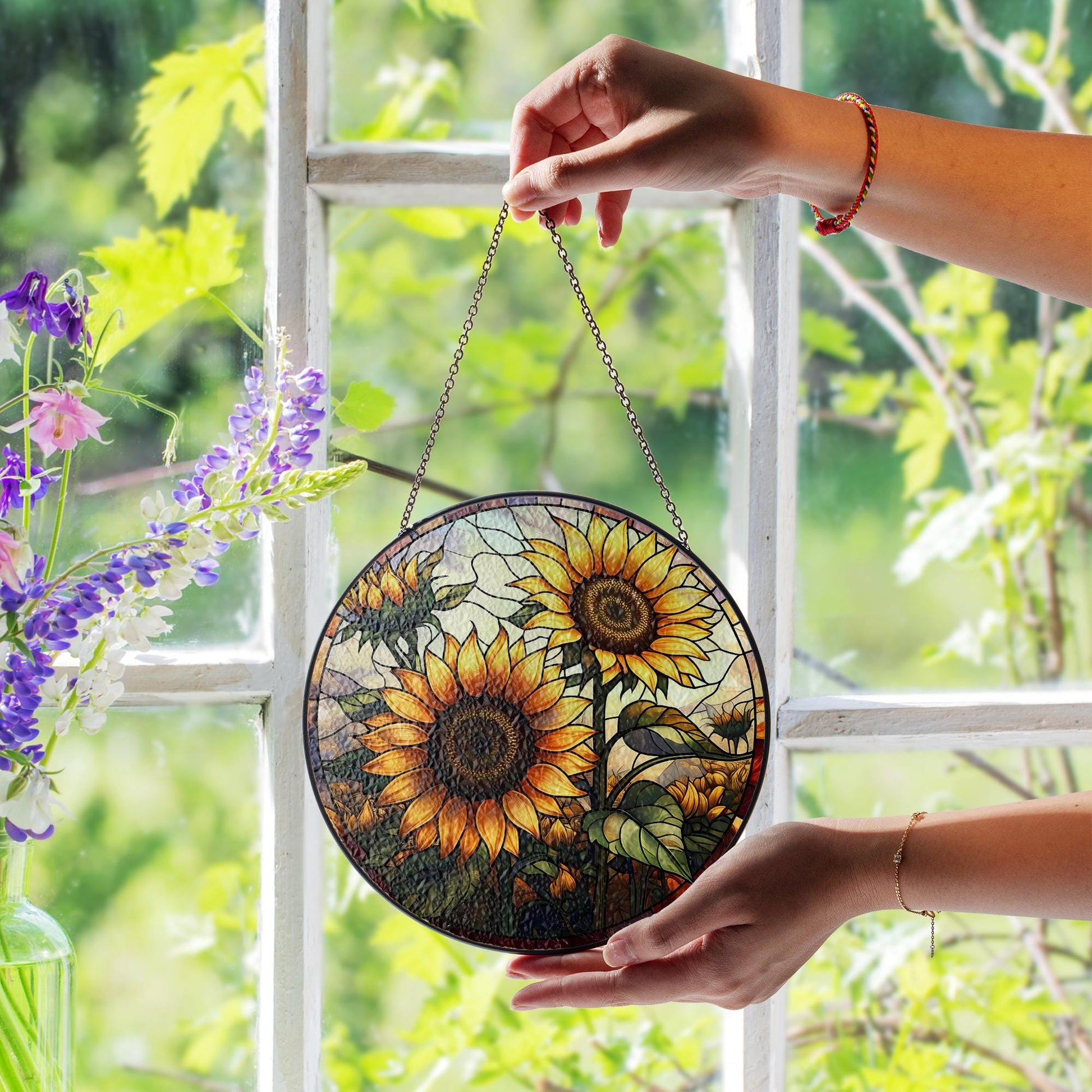 Sunflower Glass Suncatcher for Autumn – Fall Window Hanging Decor, Rustic Farmhouse Sunflower Art, Garden Gift, Bright Seasonal Decoration