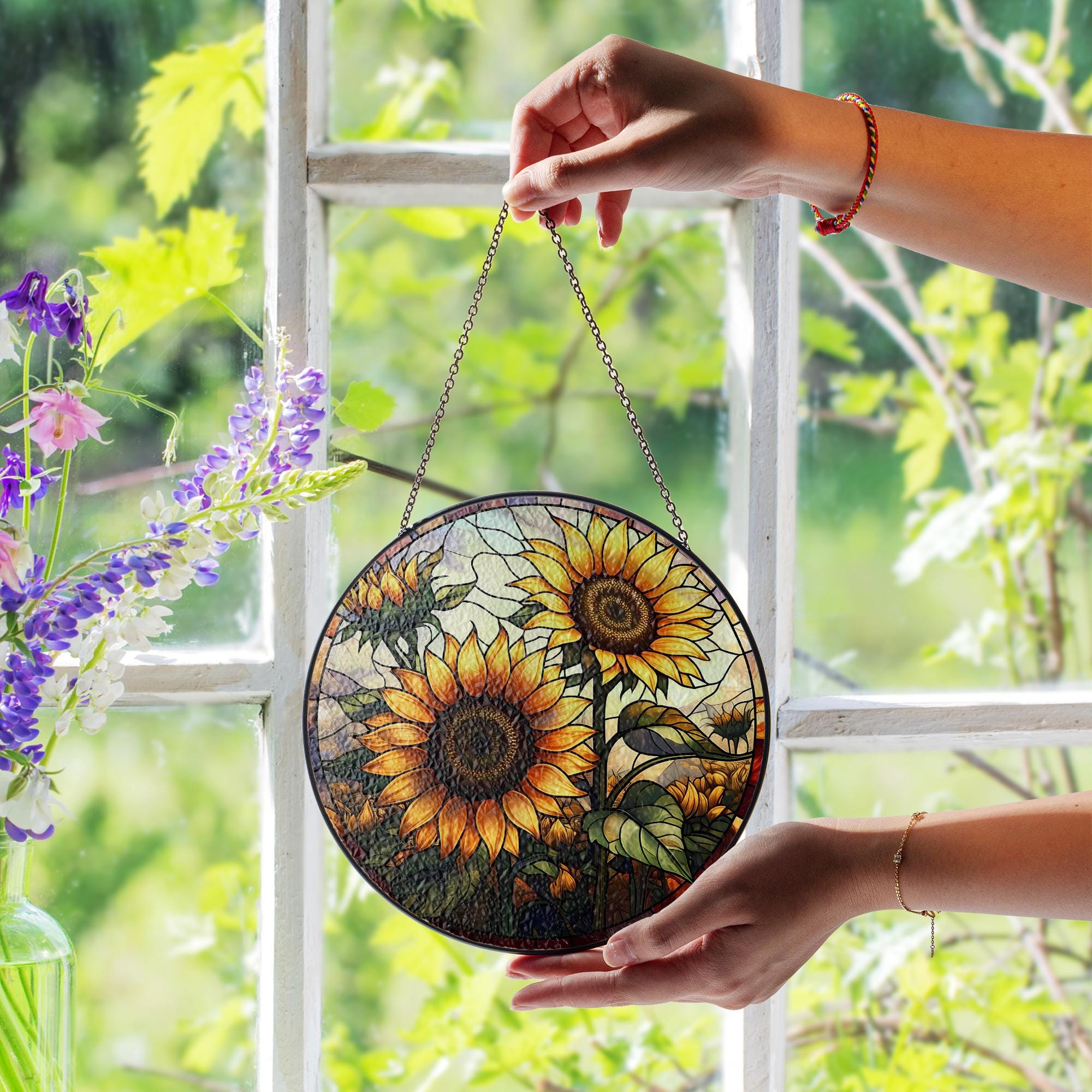 Sunflower Glass Suncatcher for Autumn – Fall Window Hanging Decor, Rustic Farmhouse Sunflower Art, Garden Gift, Bright Seasonal Decoration
