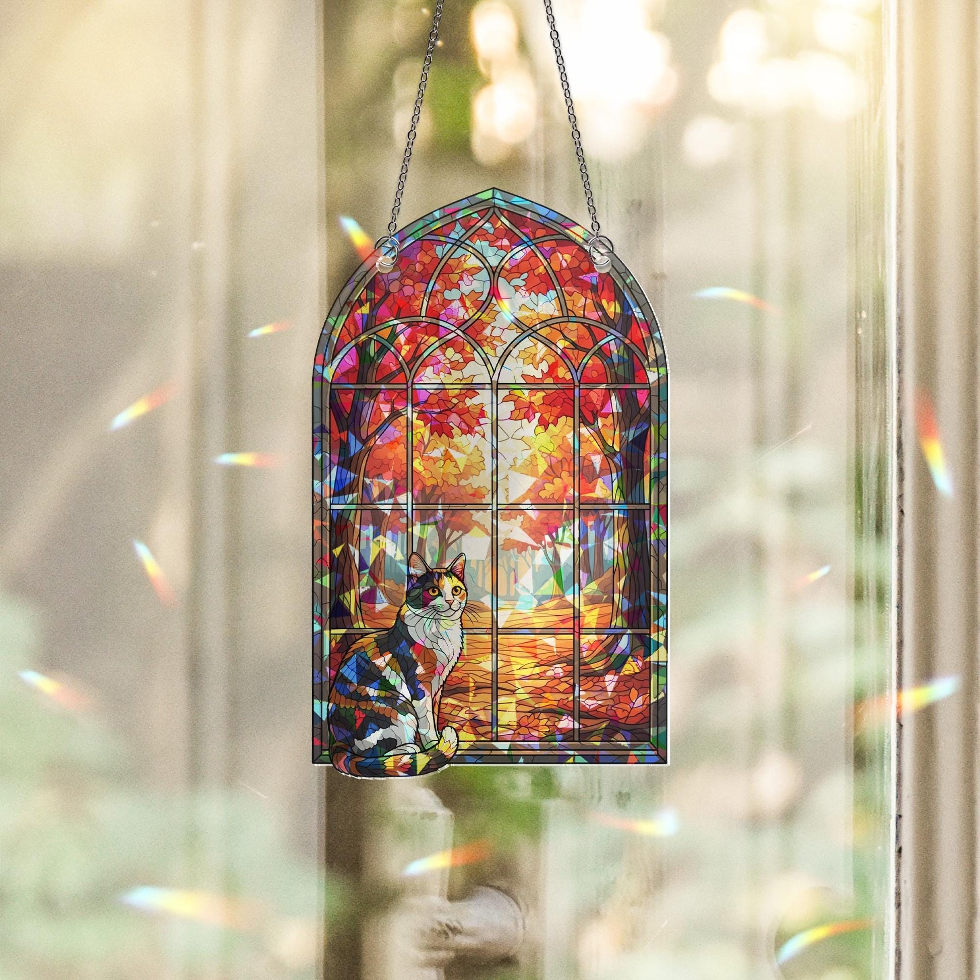 Cat Autumn Window Faux Stained Glass Ornament – Hologram Suncatcher for Fall Decor, Cozy Calico Pet Lover Gift, Broken Glass Effect