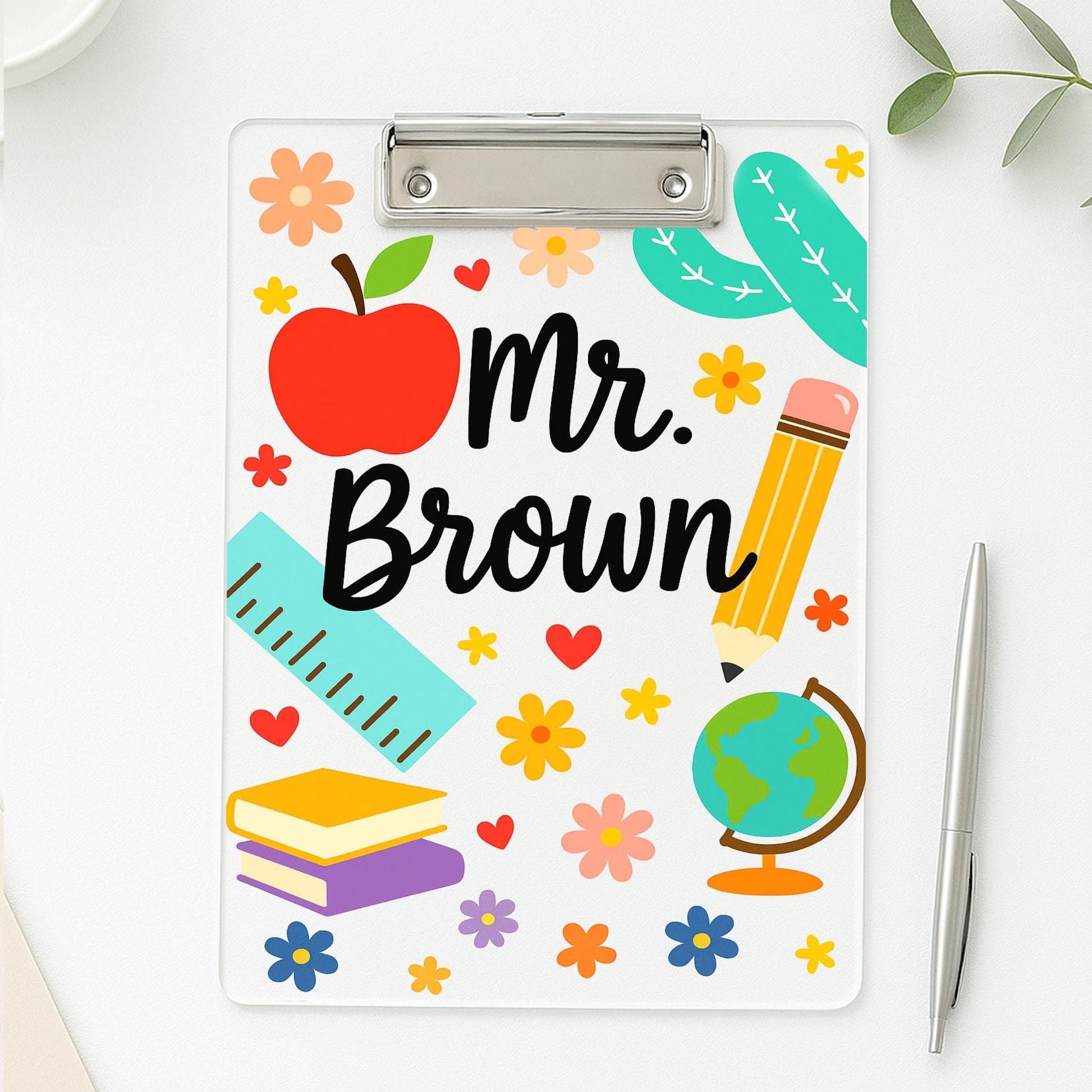 Personalized Teacher Clipboard Acrylic - Cute Custom Name Gift for Teachers, Back to School, Classroom Decor with Apple & Pencil Design
