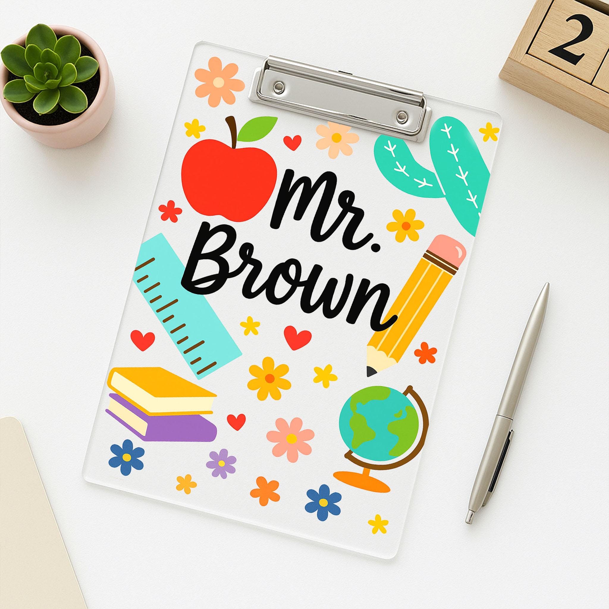 Personalized Teacher Clipboard Acrylic - Cute Custom Name Gift for Teachers, Back to School, Classroom Decor with Apple & Pencil Design