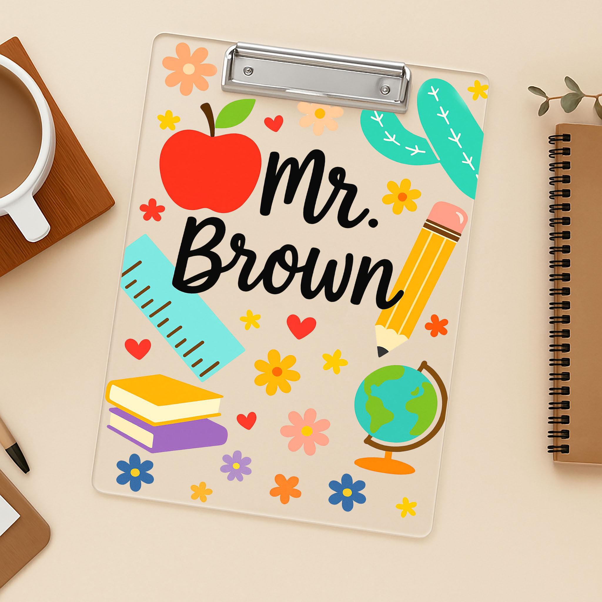 Personalized Teacher Clipboard Acrylic - Cute Custom Name Gift for Teachers, Back to School, Classroom Decor with Apple & Pencil Design