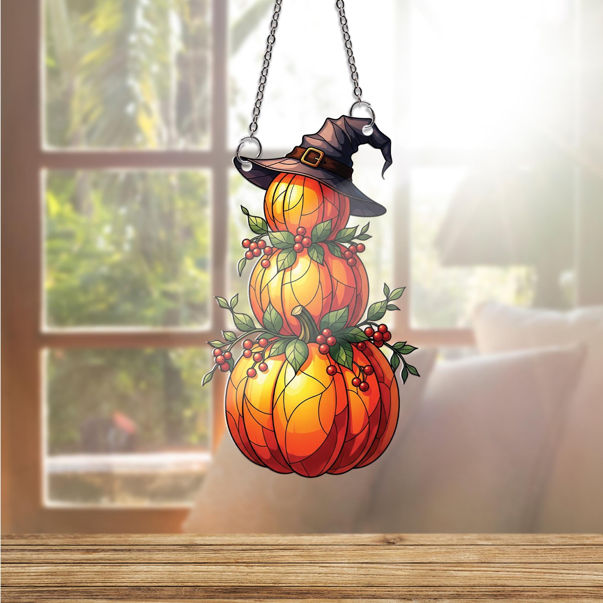 Faux Stained Glass Pumpkin Window Hanging – Fall Autumn Decor with Witch Hat and Berries, Halloween Suncatcher for Cozy Home Vibes