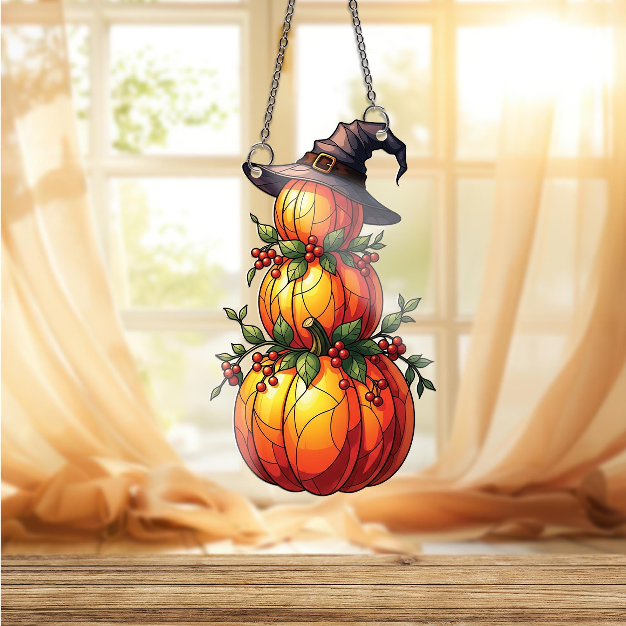 Faux Stained Glass Pumpkin Window Hanging – Fall Autumn Decor with Witch Hat and Berries, Halloween Suncatcher for Cozy Home Vibes