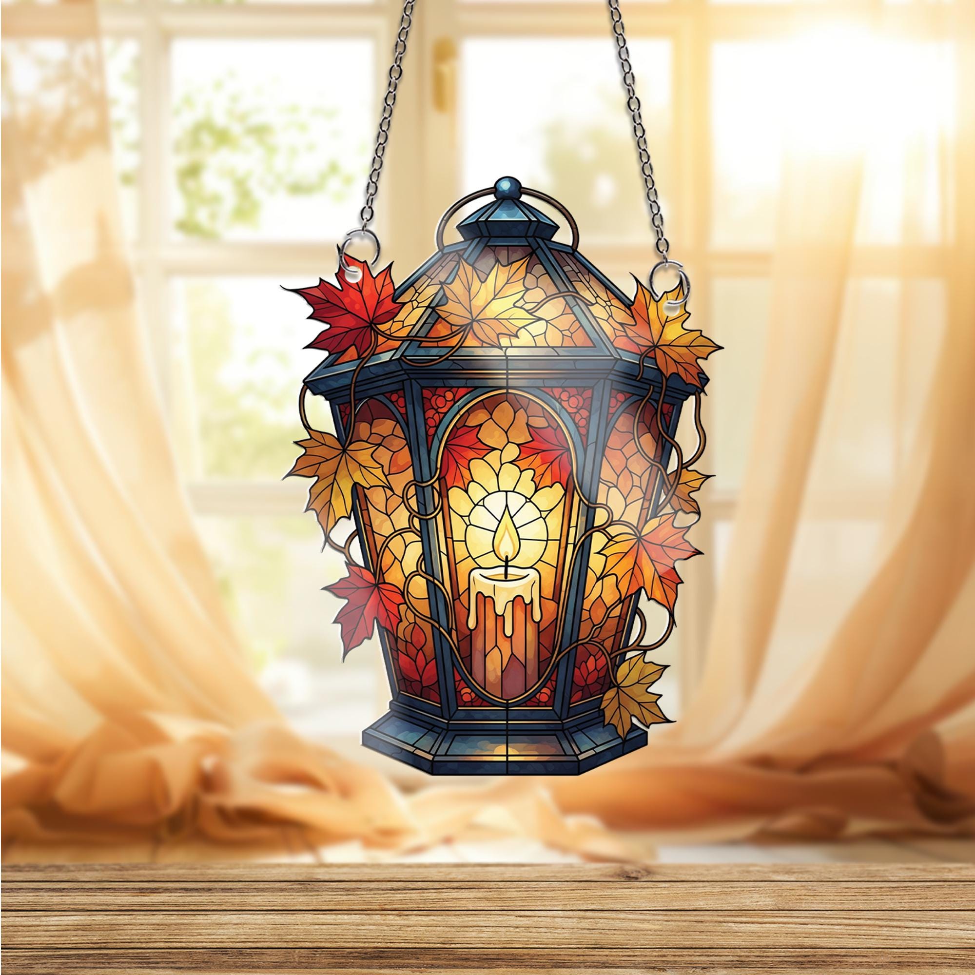 Faux Stained Glass Fall Lantern Window Hanging – Autumn Candle Suncatcher with Maple Leaves, Cozy Thanksgiving Window Decor