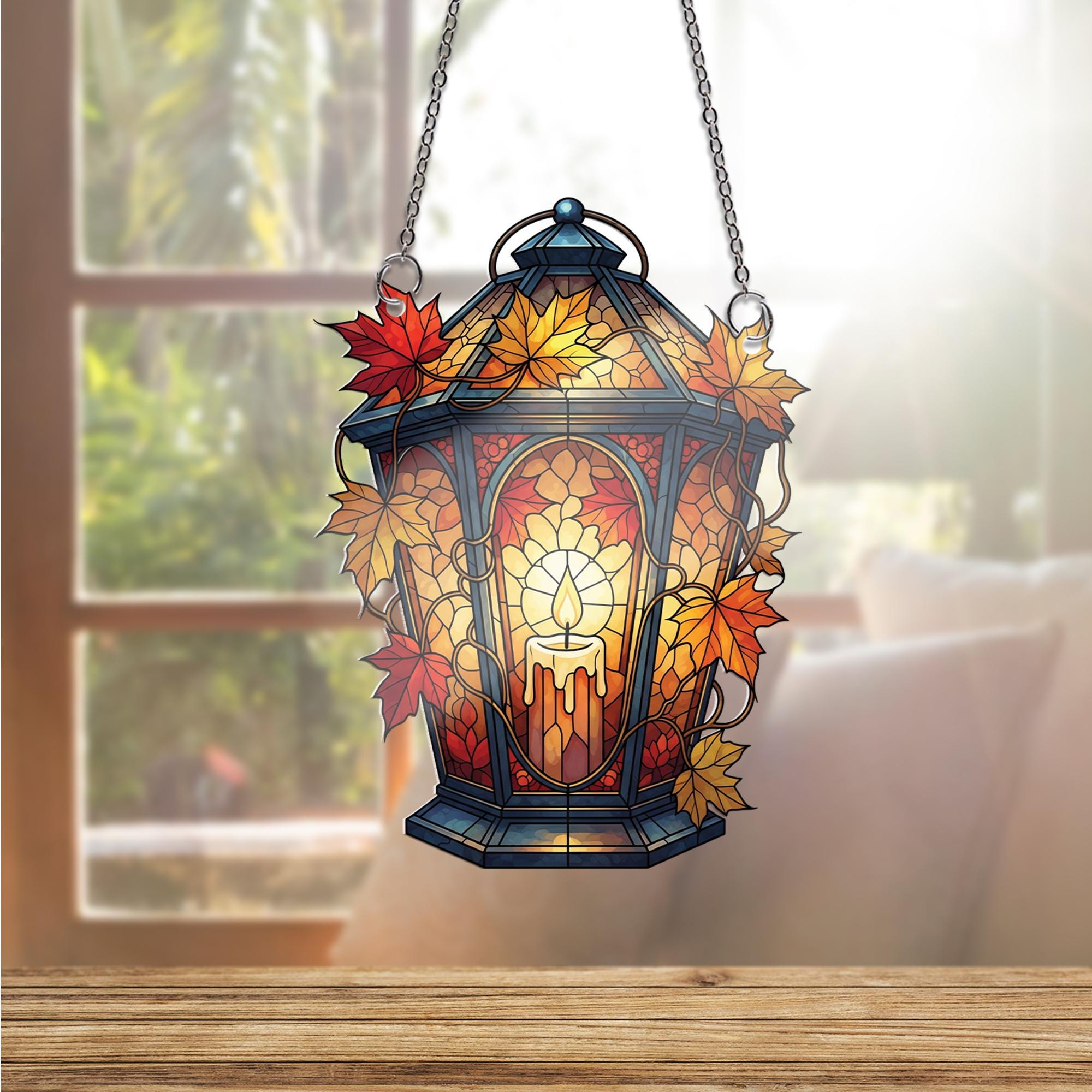 Faux Stained Glass Fall Lantern Window Hanging – Autumn Candle Suncatcher with Maple Leaves, Cozy Thanksgiving Window Decor