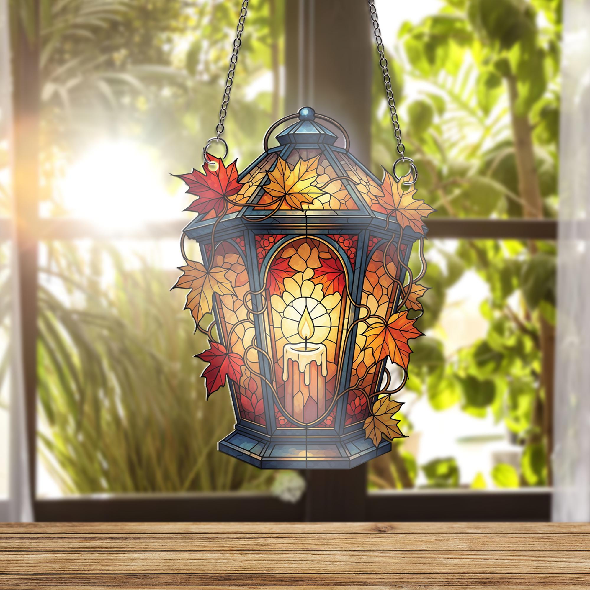 Faux Stained Glass Fall Lantern Window Hanging – Autumn Candle Suncatcher with Maple Leaves, Cozy Thanksgiving Window Decor