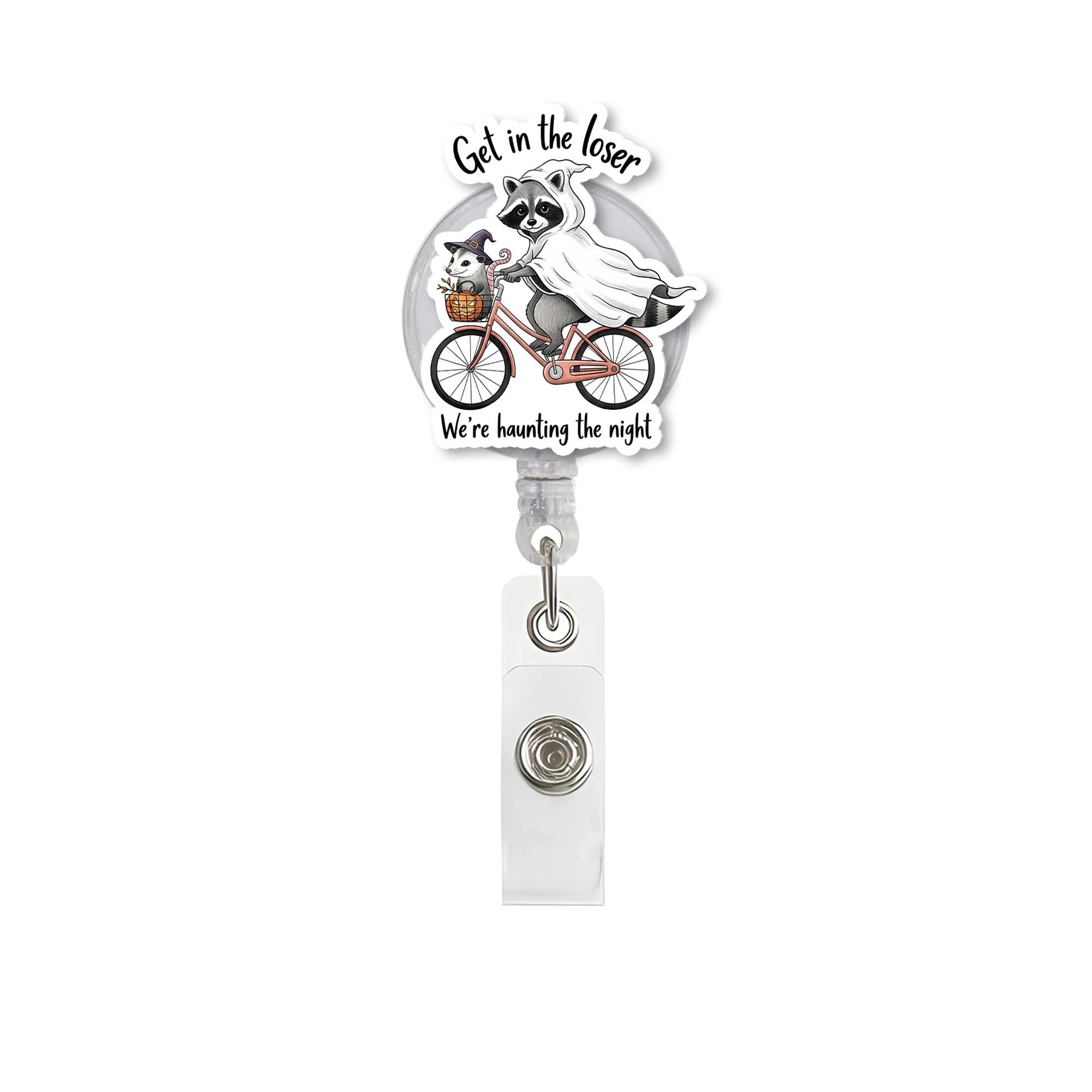 Ghost Raccoon Badge Reel – Cute Halloween ID Holder – Funny Spooky Retractable Name Tag – Fall Nurse Gift – Trick or Treat Accessory