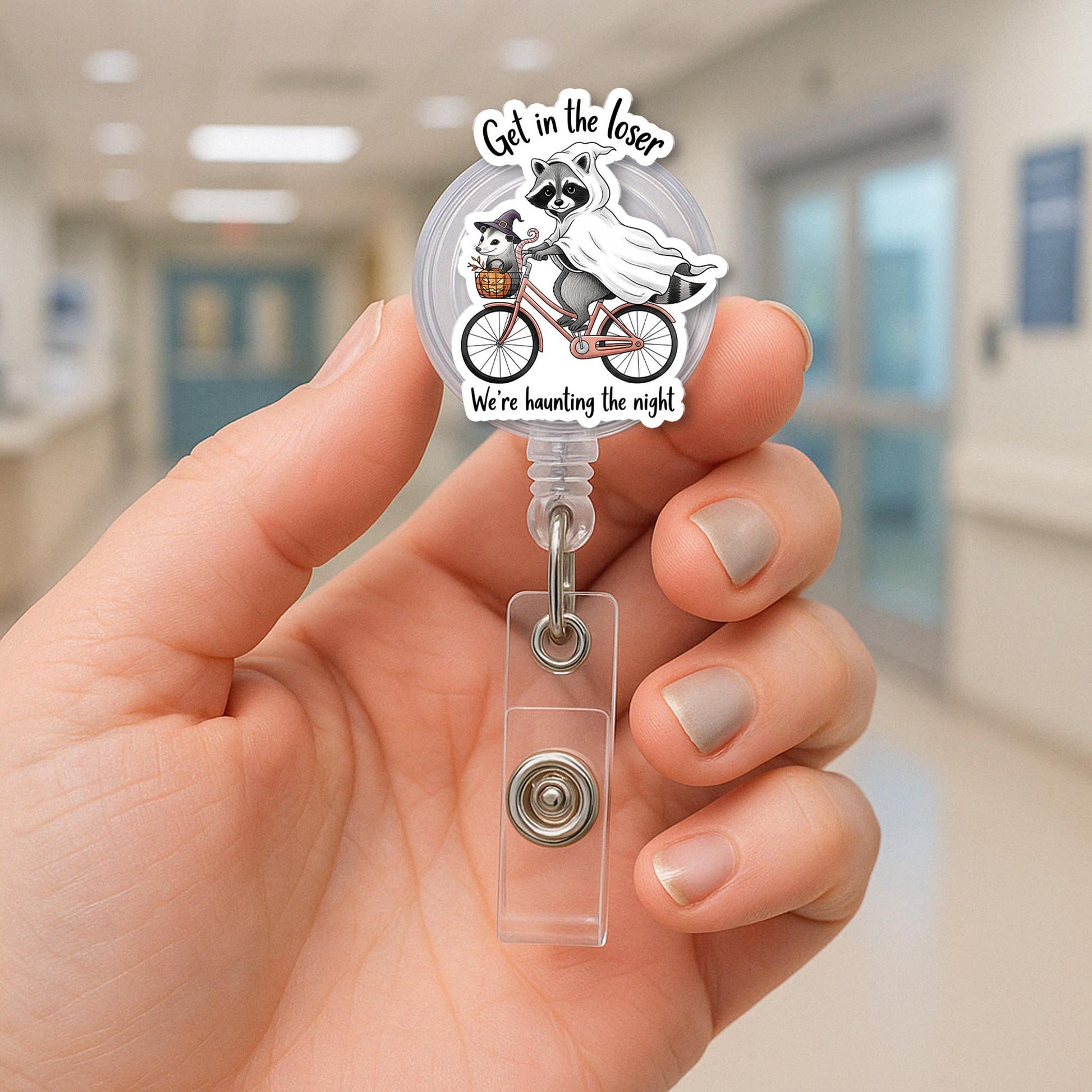 Ghost Raccoon Badge Reel – Cute Halloween ID Holder – Funny Spooky Retractable Name Tag – Fall Nurse Gift – Trick or Treat Accessory